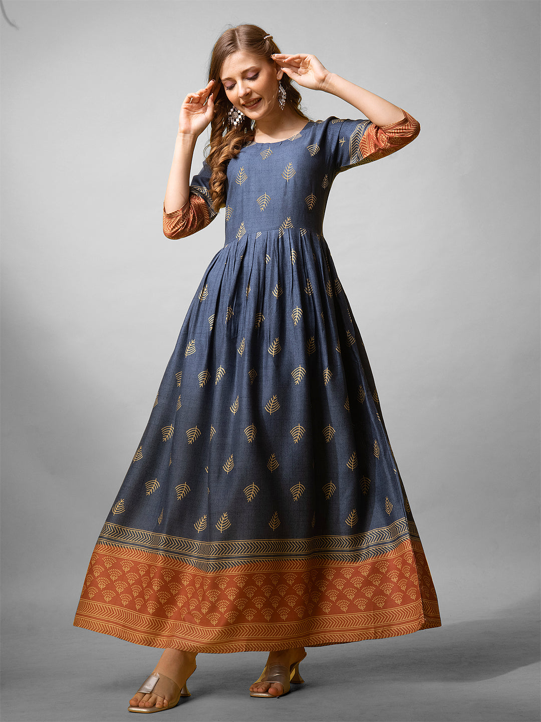 Jyoti Fashion Women's Denim Blue Rayon Abstract Printed Designer Anarkali Dress | Swadesiicart