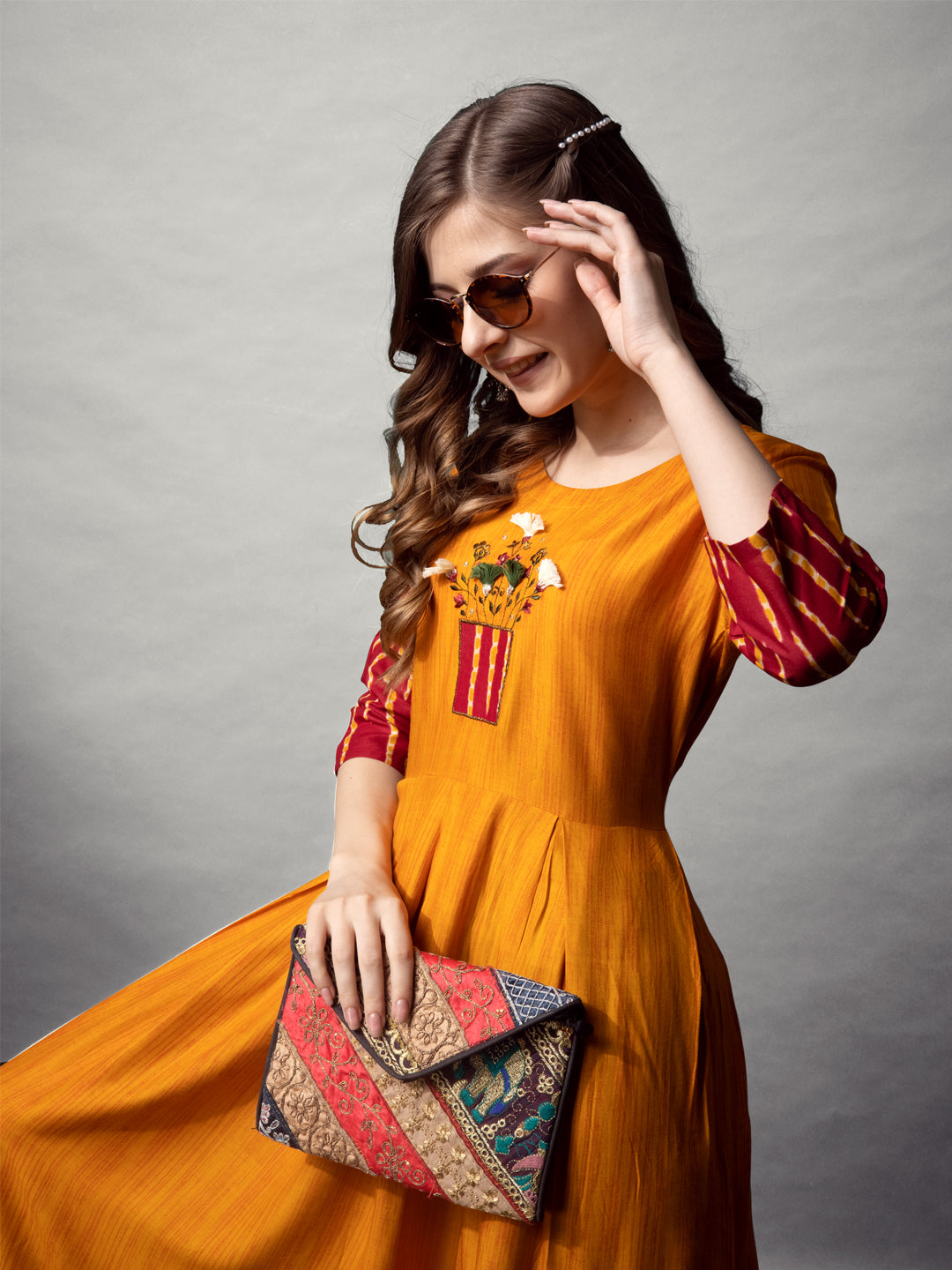 Jyoti Fashion Women's Mustard Rayon Abstract Printed Designer Anarkali Dress | Swadesiicart