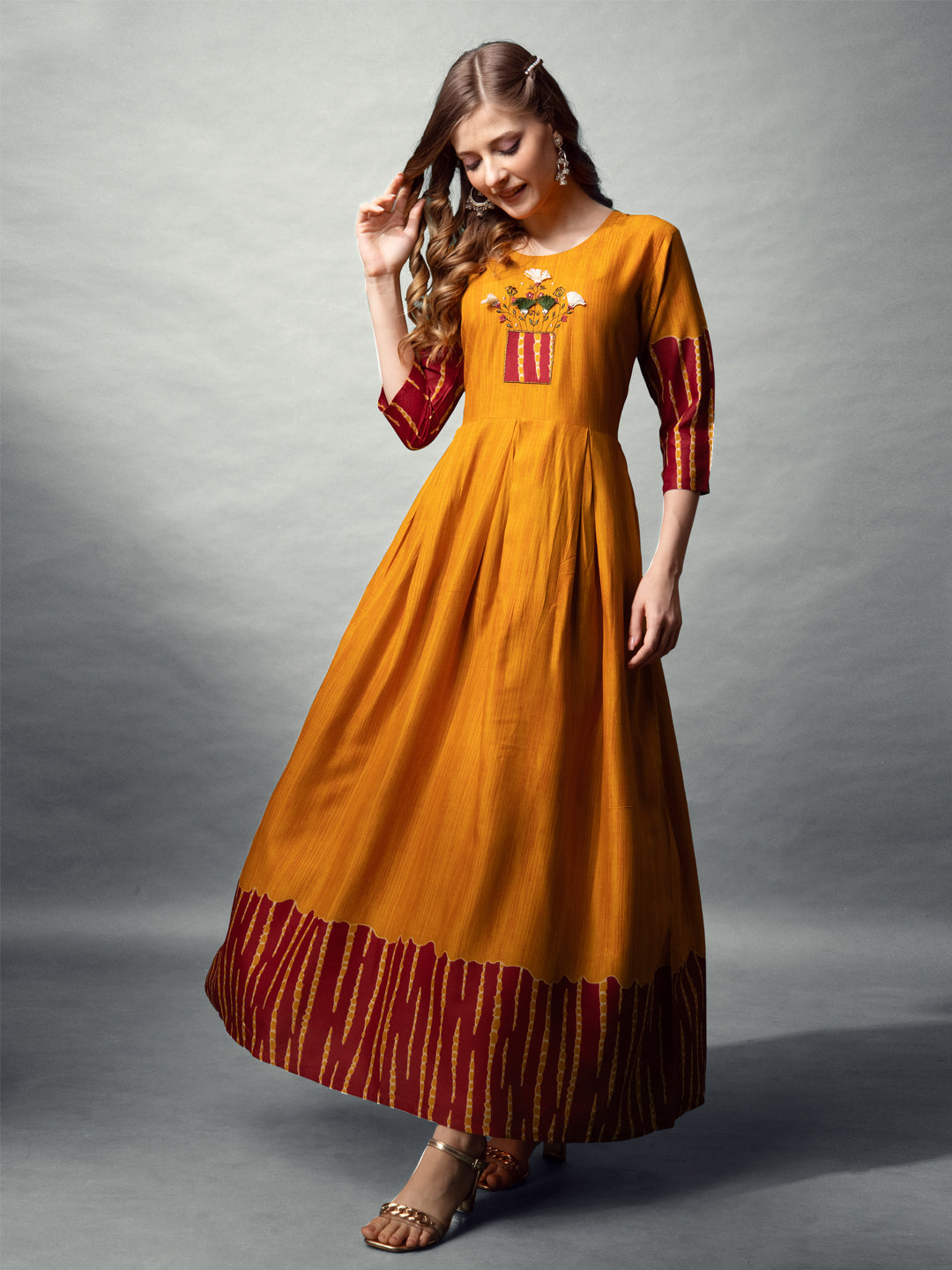 Jyoti Fashion Women's Mustard Rayon Abstract Printed Designer Anarkali Dress | Swadesiicart