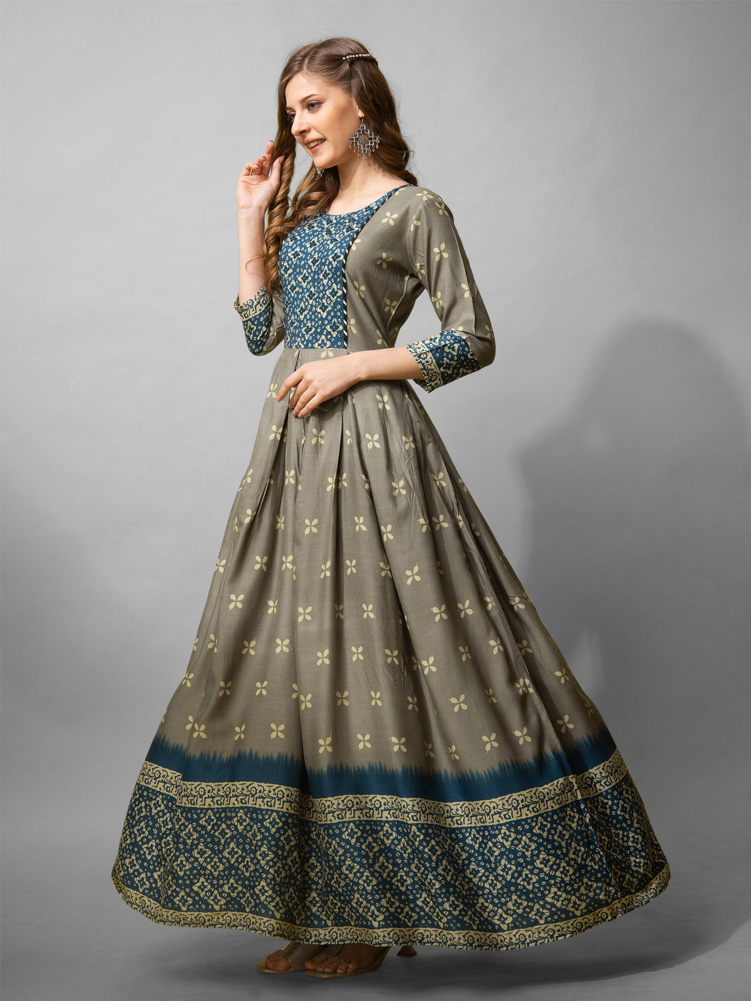 Jyoti Fashion Women's Grey Cotton Blend Printed Designer Anarkali Dress | Swadesiicart