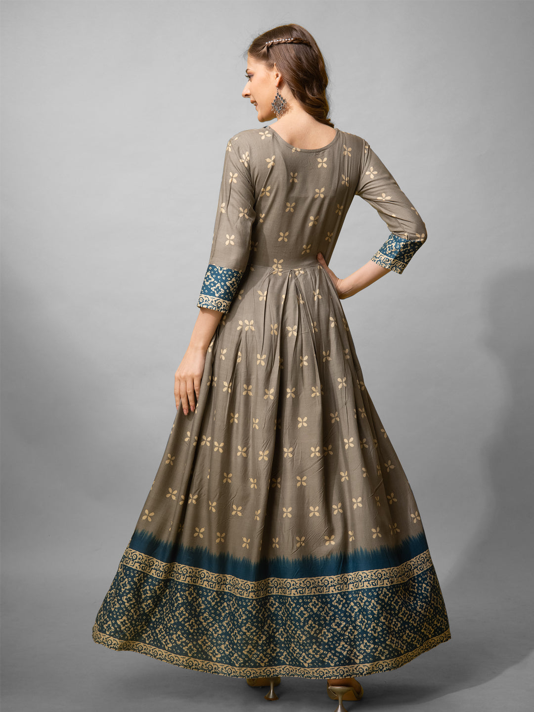 Jyoti Fashion Women's Grey Cotton Blend Printed Designer Anarkali Dress | Swadesiicart