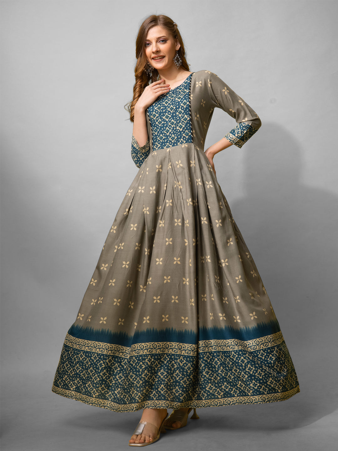 Jyoti Fashion Women's Grey Cotton Blend Printed Designer Anarkali Dress | Swadesiicart