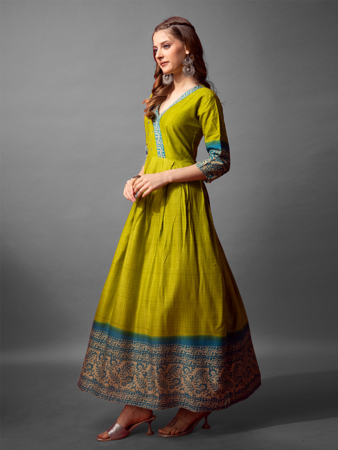 Jyoti Fashion Women's Parrot Green Cotton Blend Printed Designer Anarkali Dress | Swadesiicart