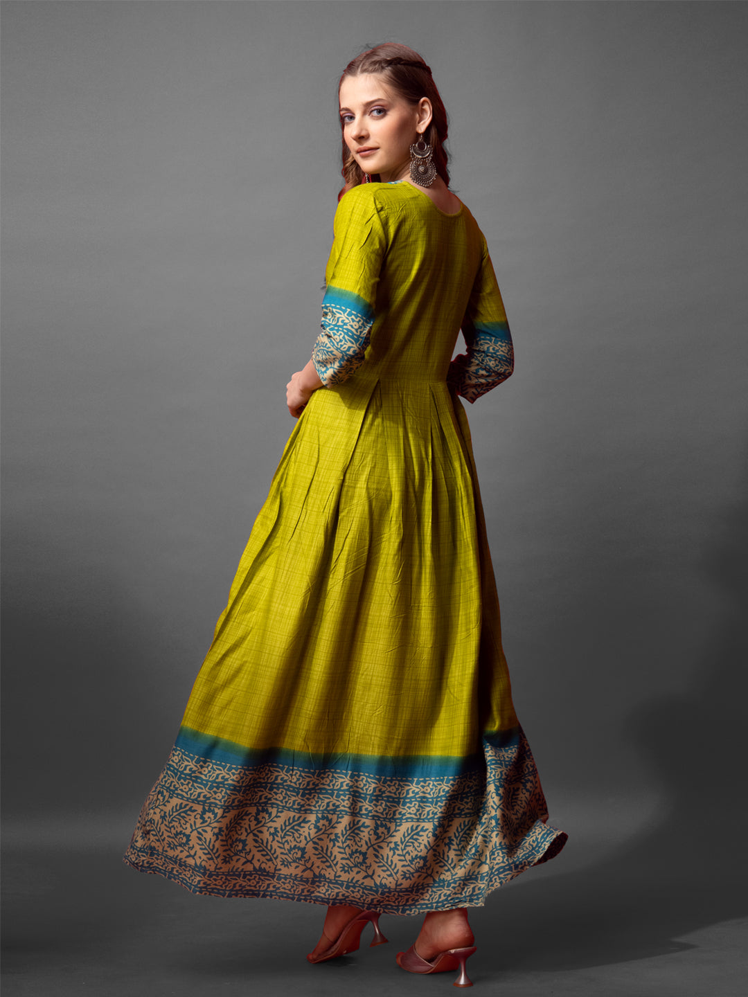 Jyoti Fashion Women's Parrot Green Cotton Blend Printed Designer Anarkali Dress | Swadesiicart