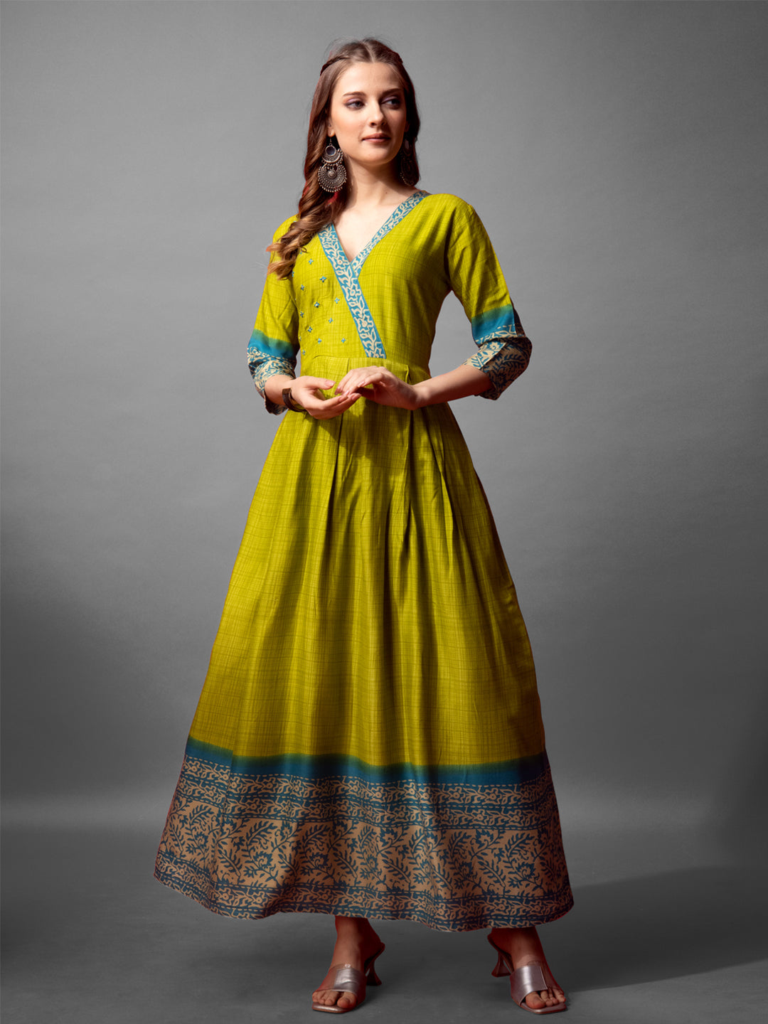 Jyoti Fashion Women's Parrot Green Cotton Blend Printed Designer Anarkali Dress | Swadesiicart