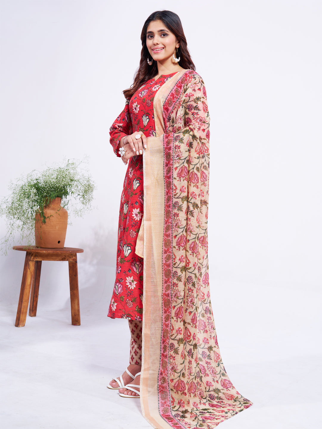 Jyoti Fashion Women's Red Cotton Blend Printed Designer Kurta Set with Dupatta - Swadesiicart