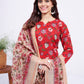 Jyoti Fashion Women's Red Cotton Blend Printed Designer Kurta Set with Dupatta - Swadesiicart