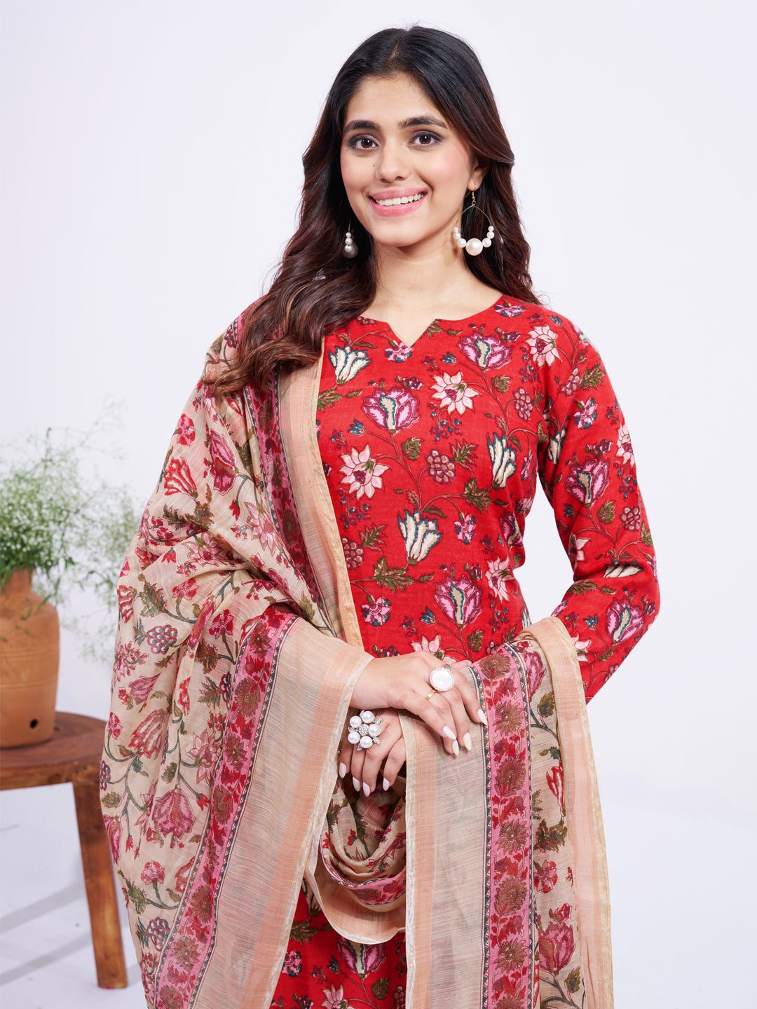 Jyoti Fashion Women's Red Cotton Blend Printed Designer Kurta Set with Dupatta - Swadesiicart