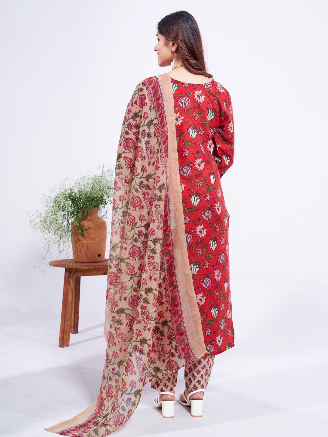 Jyoti Fashion Women's Red Cotton Blend Printed Designer Kurta Set with Dupatta - Swadesiicart