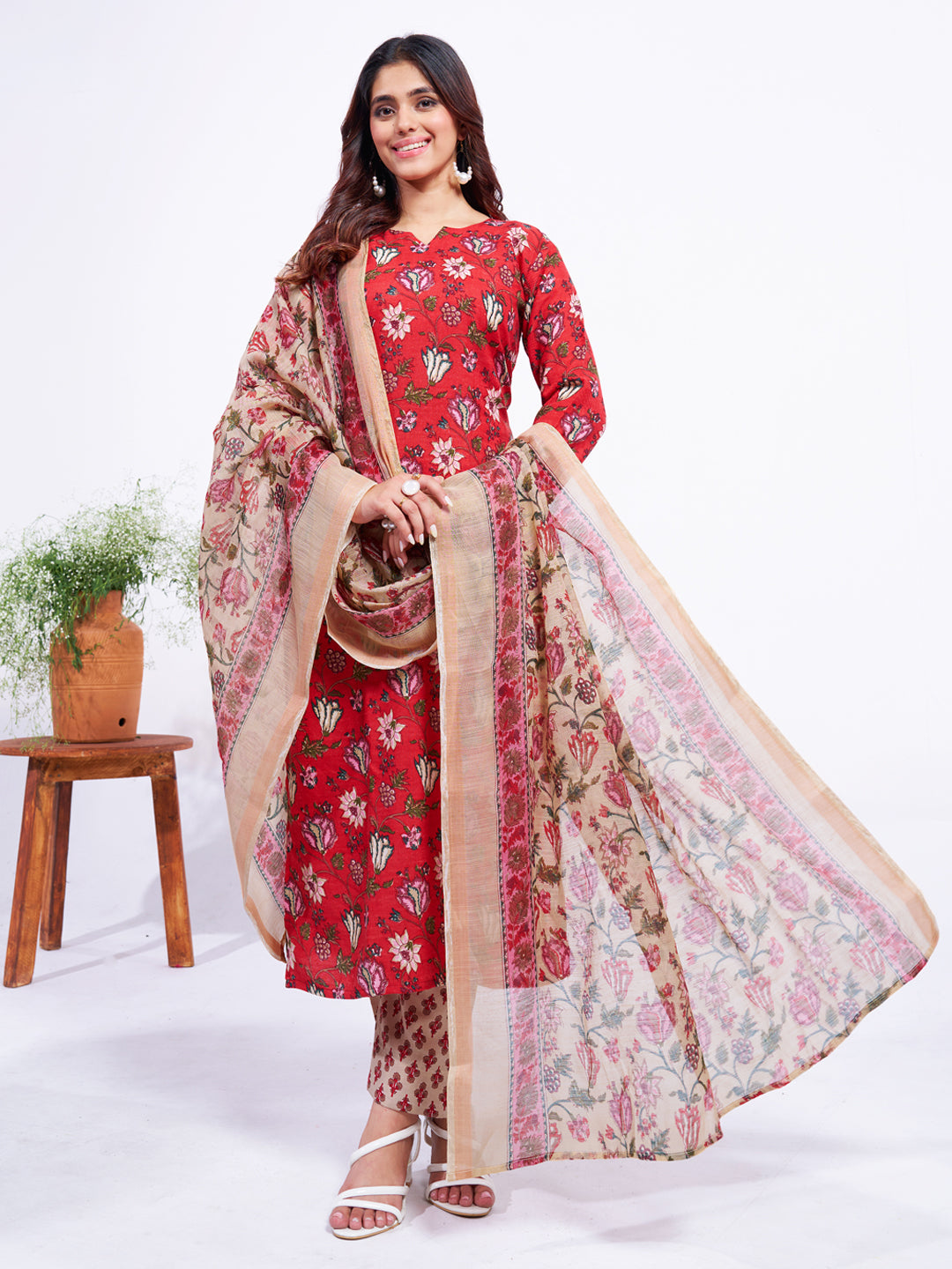 Jyoti Fashion Women's Red Cotton Blend Printed Designer Kurta Set with Dupatta - Swadesiicart
