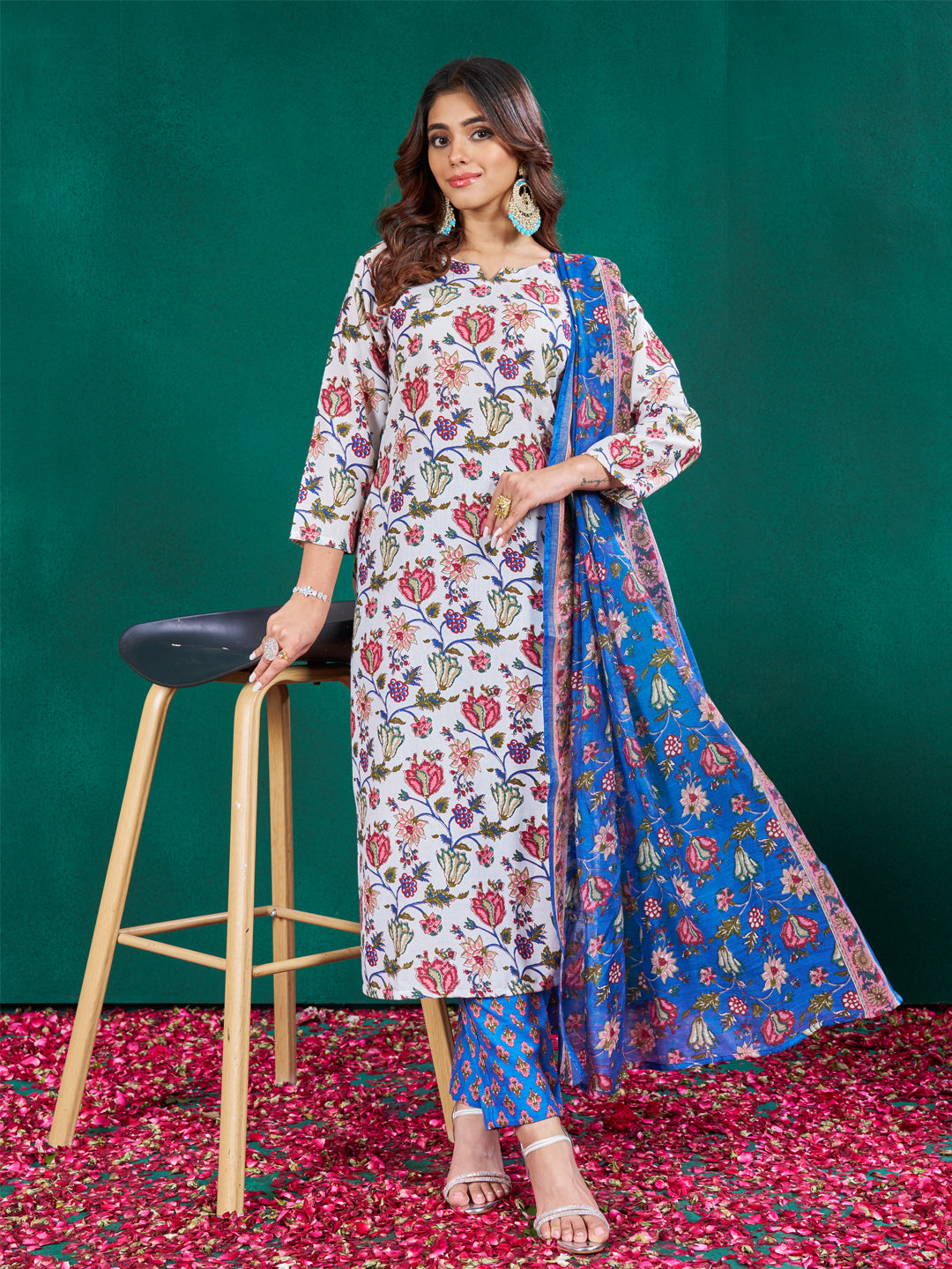 Jyoti Fashion Women's Multicolor Cotton Blend Printed Designer Kurta Set with Dupatta - Swadesiicart