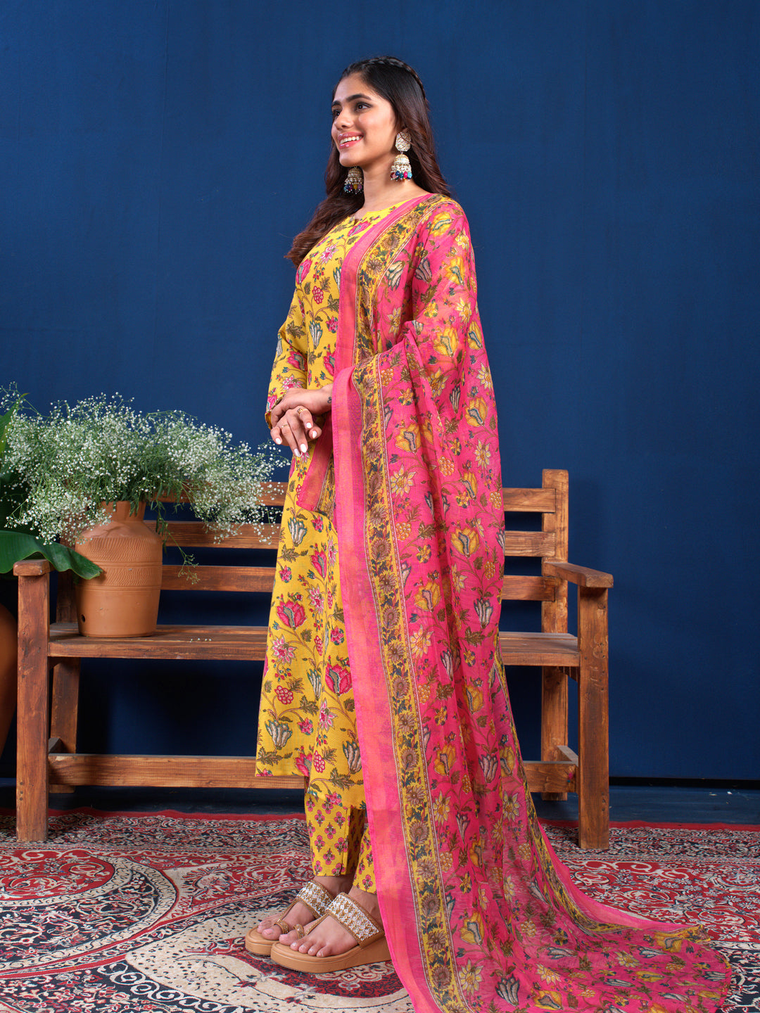 Jyoti Fashion Women's Yellow Cotton Blend Printed Designer Kurta Set with Dupatta - Swadesiicart