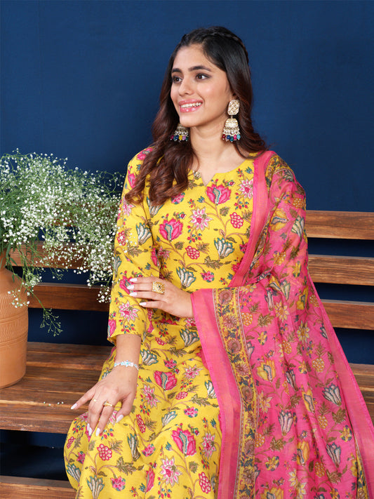 Jyoti Fashion Women's Yellow Cotton Blend Printed Designer Kurta Set with Dupatta - Swadesiicart