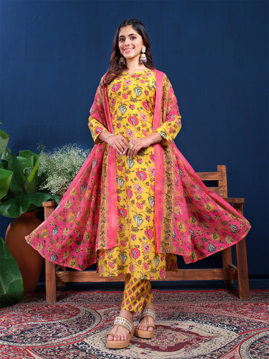 Jyoti Fashion Women's Yellow Cotton Blend Printed Designer Kurta Set with Dupatta - Swadesiicart