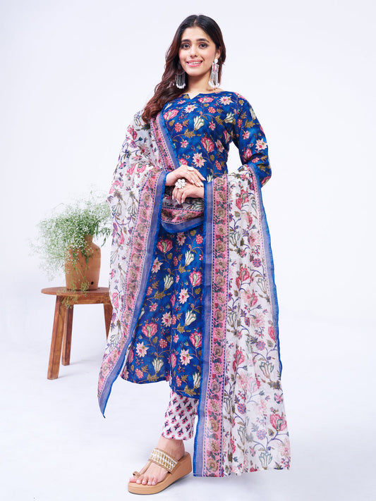 Jyoti Fashion Women's Blue Cotton Blend Printed Designer Kurta Set with Dupatta - Swadesiicart