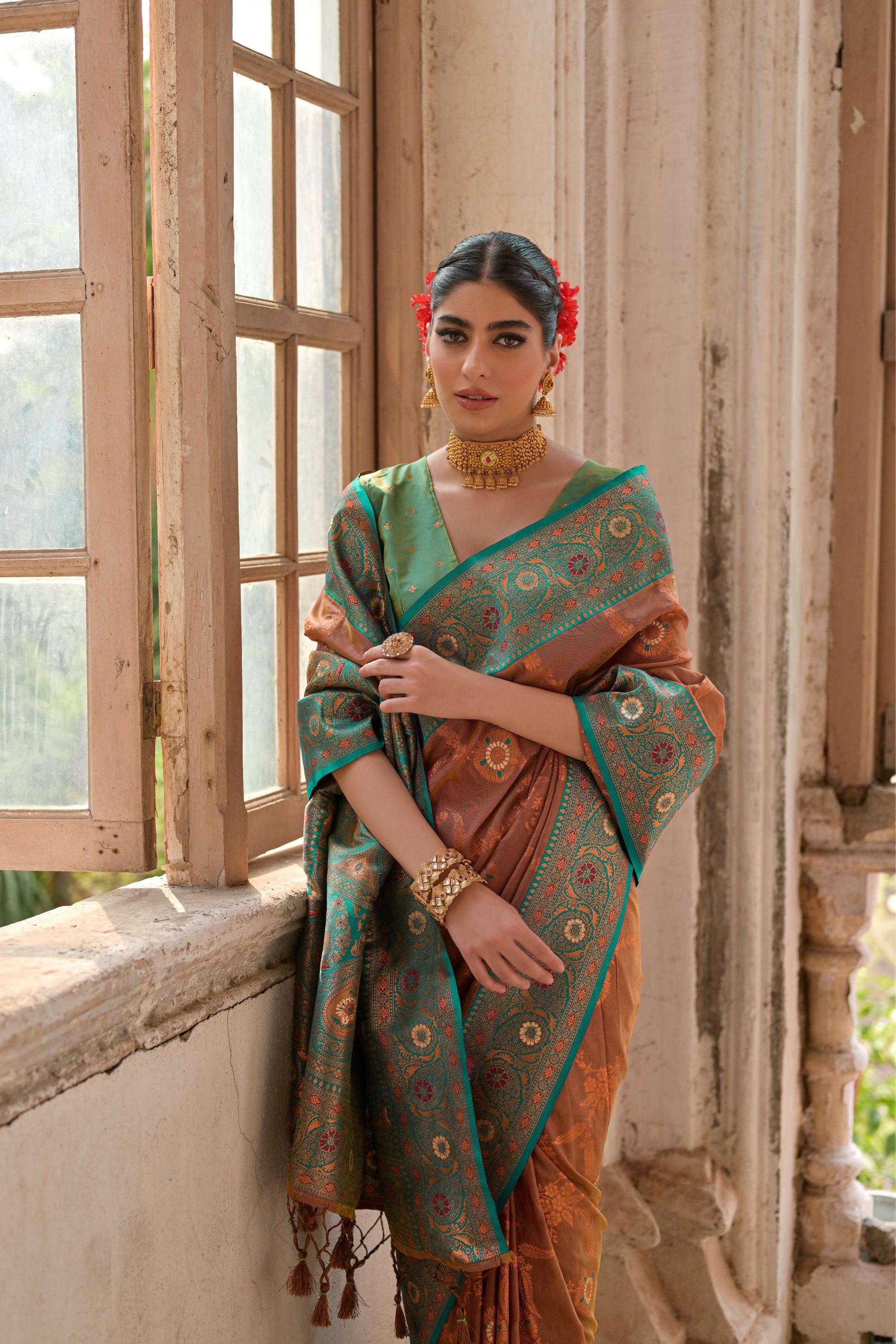 Jyoti Fashion Women's Brown Banarasi Silk Zari Woven Traditional Saree with Blouse | Swadesiicart