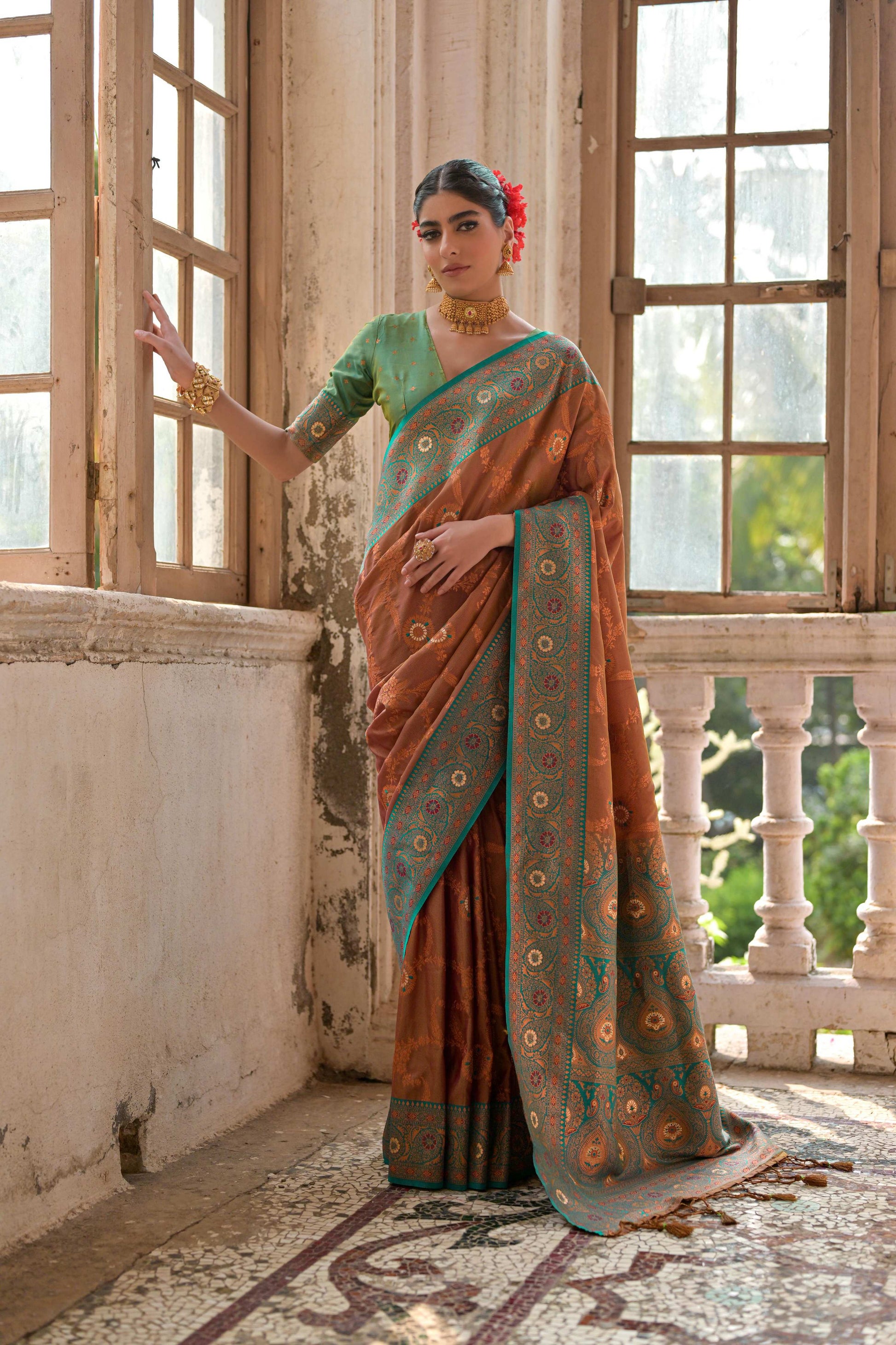 Jyoti Fashion Women's Brown Banarasi Silk Zari Woven Traditional Saree with Blouse | Swadesiicart