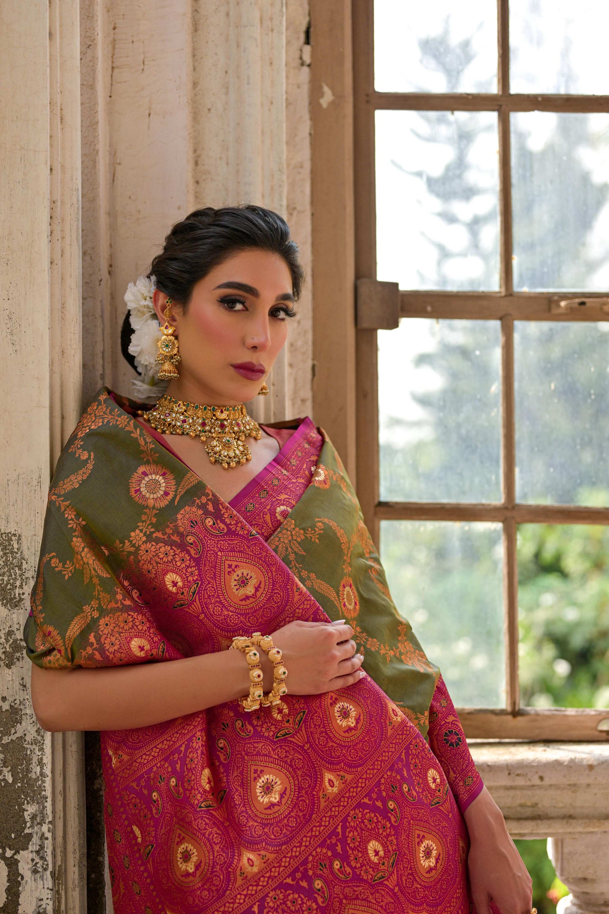 Jyoti Fashion Women's Mehendi Banarasi Silk Zari Woven Traditional Saree with Blouse | Swadesiicart