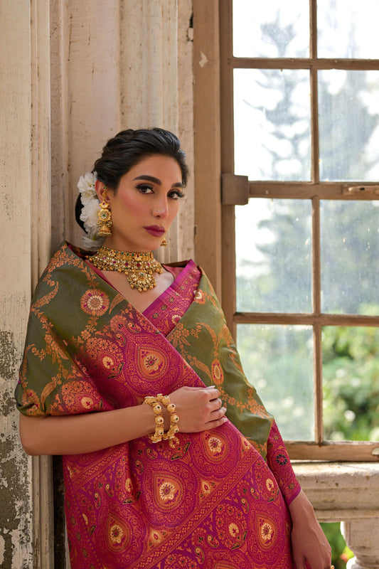 Jyoti Fashion Women's Mehendi Banarasi Silk Zari Woven Traditional Saree with Blouse | Swadesiicart