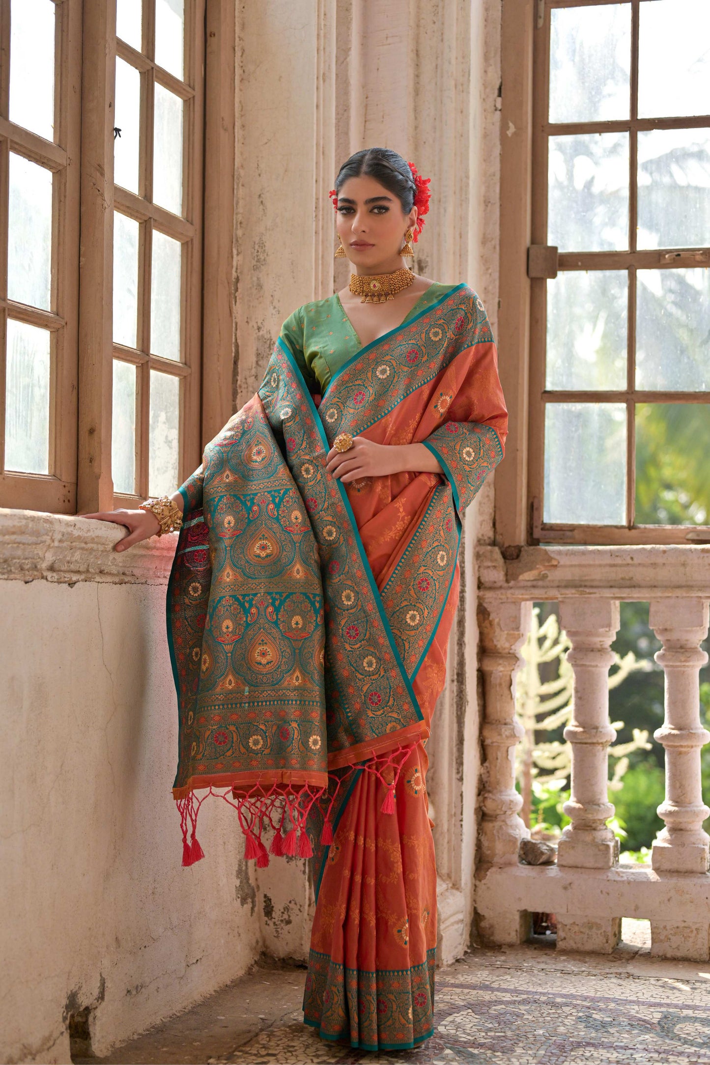 Jyoti Fashion Women's Orange Banarasi Silk Zari Woven Traditional Saree with Blouse | Swadesiicart