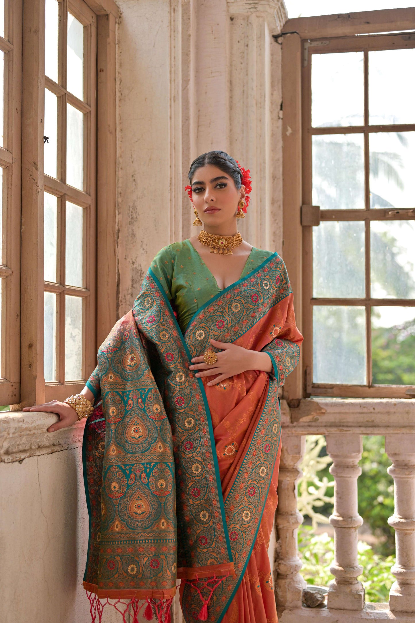 Jyoti Fashion Women's Orange Banarasi Silk Zari Woven Traditional Saree with Blouse | Swadesiicart