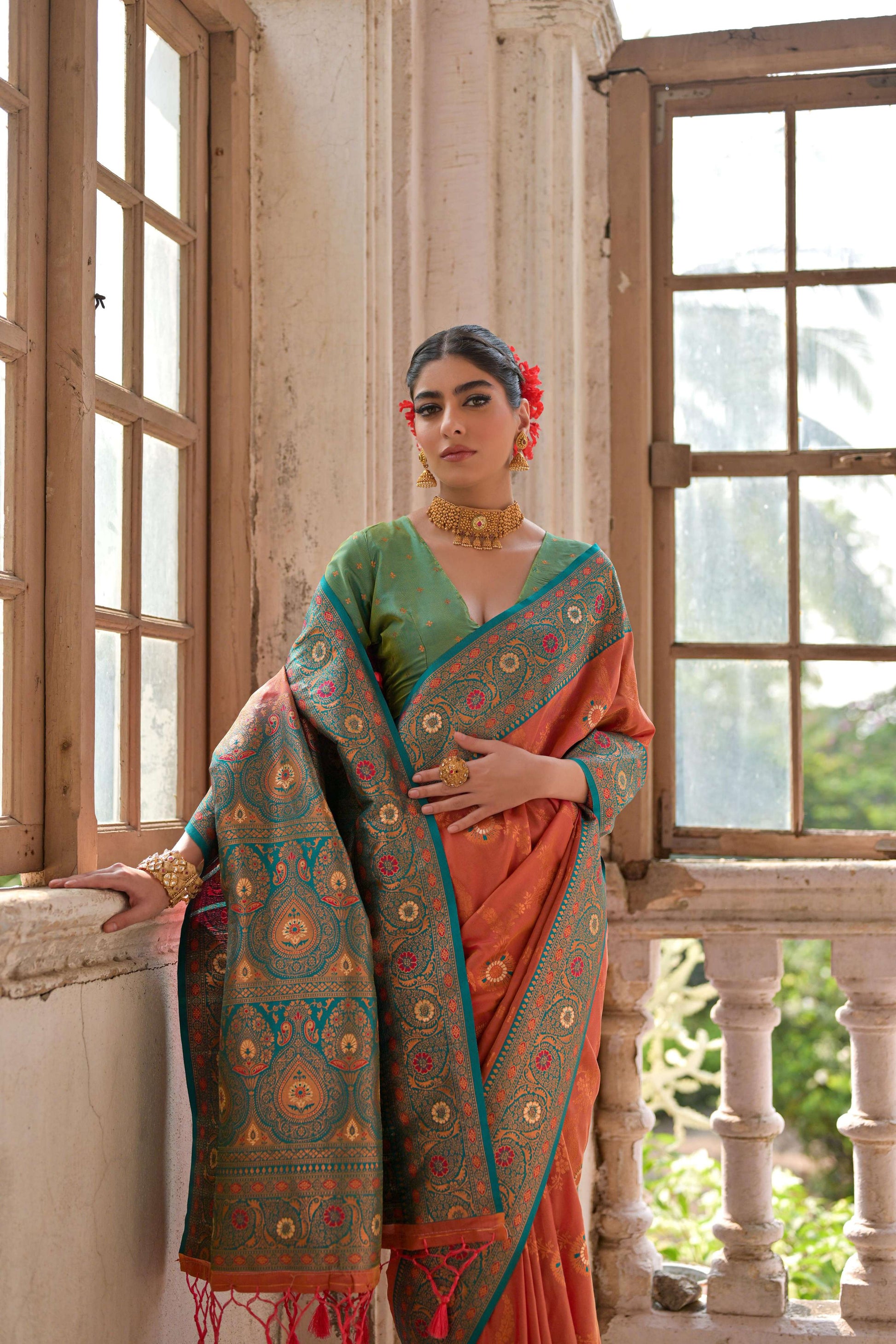 Jyoti Fashion Women's Orange Banarasi Silk Zari Woven Traditional Saree with Blouse | Swadesiicart