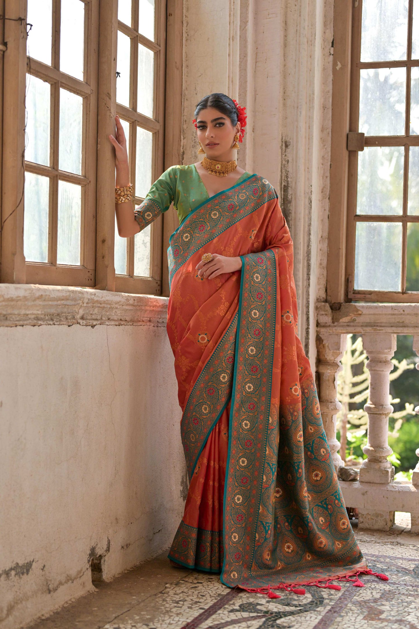Jyoti Fashion Women's Orange Banarasi Silk Zari Woven Traditional Saree with Blouse | Swadesiicart