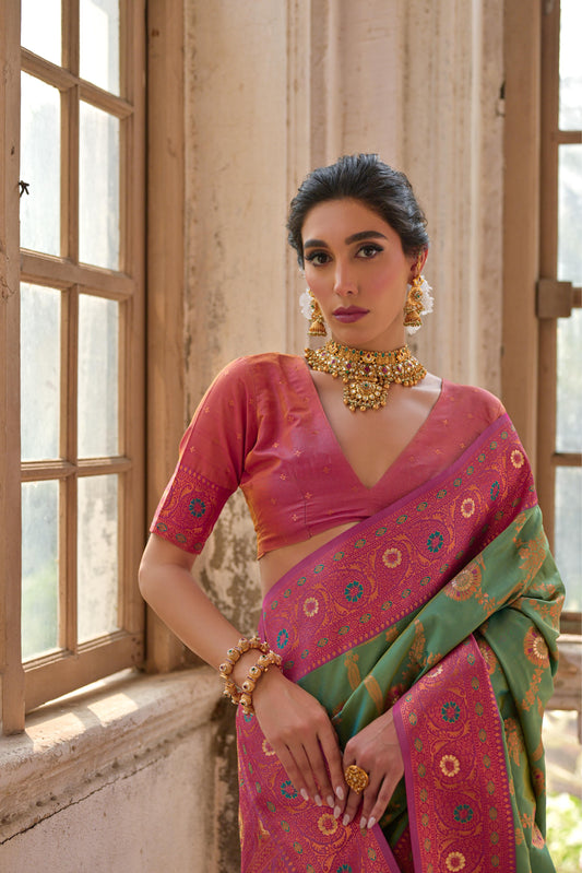 Jyoti Fashion Women's Pista Green Banarasi Silk Zari Woven Traditional Saree with Blouse | Swadesiicart