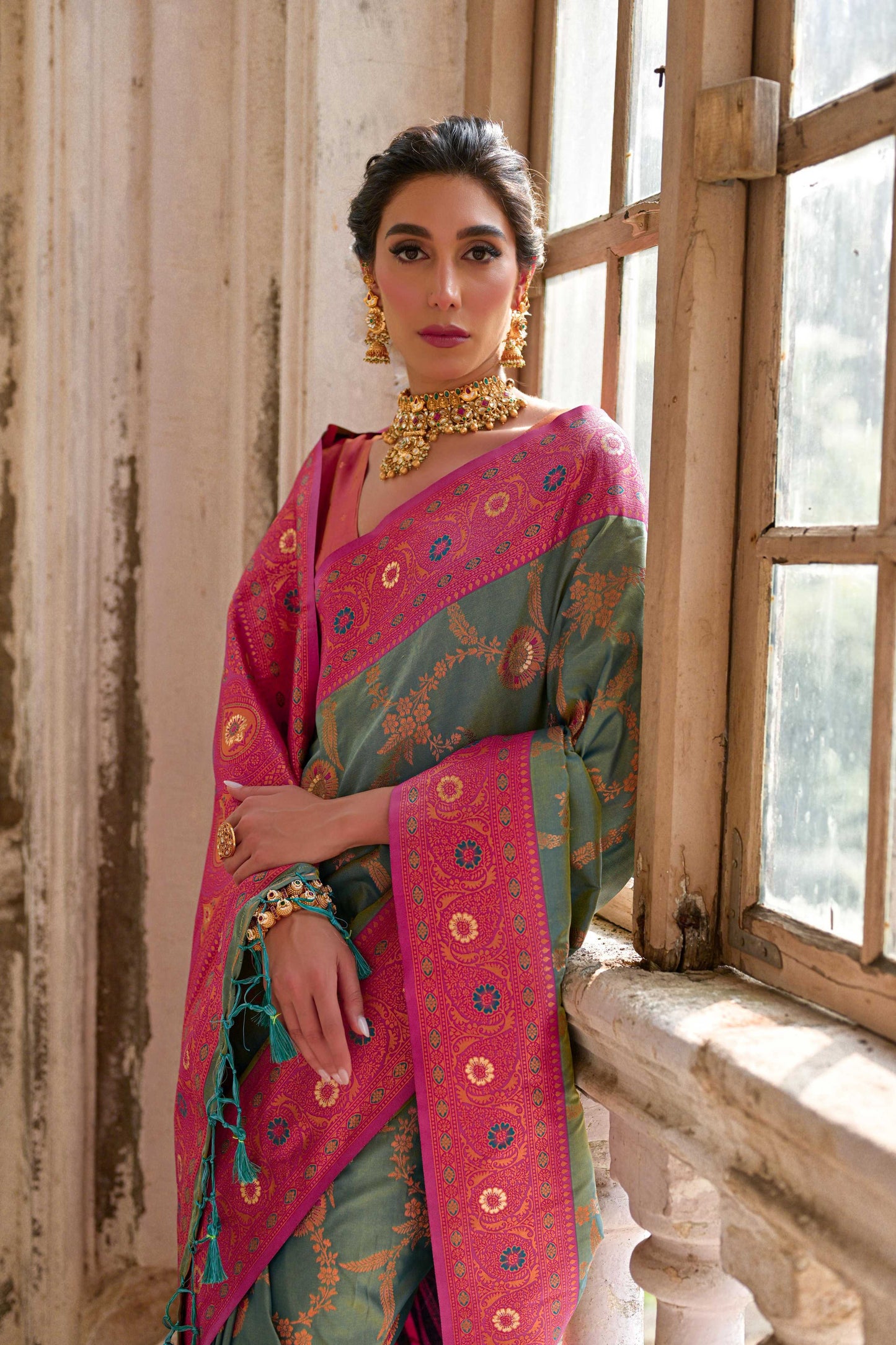 Jyoti Fashion Women's Rama Banarasi Silk Zari Woven Traditional Saree with Blouse | Swadesiicart