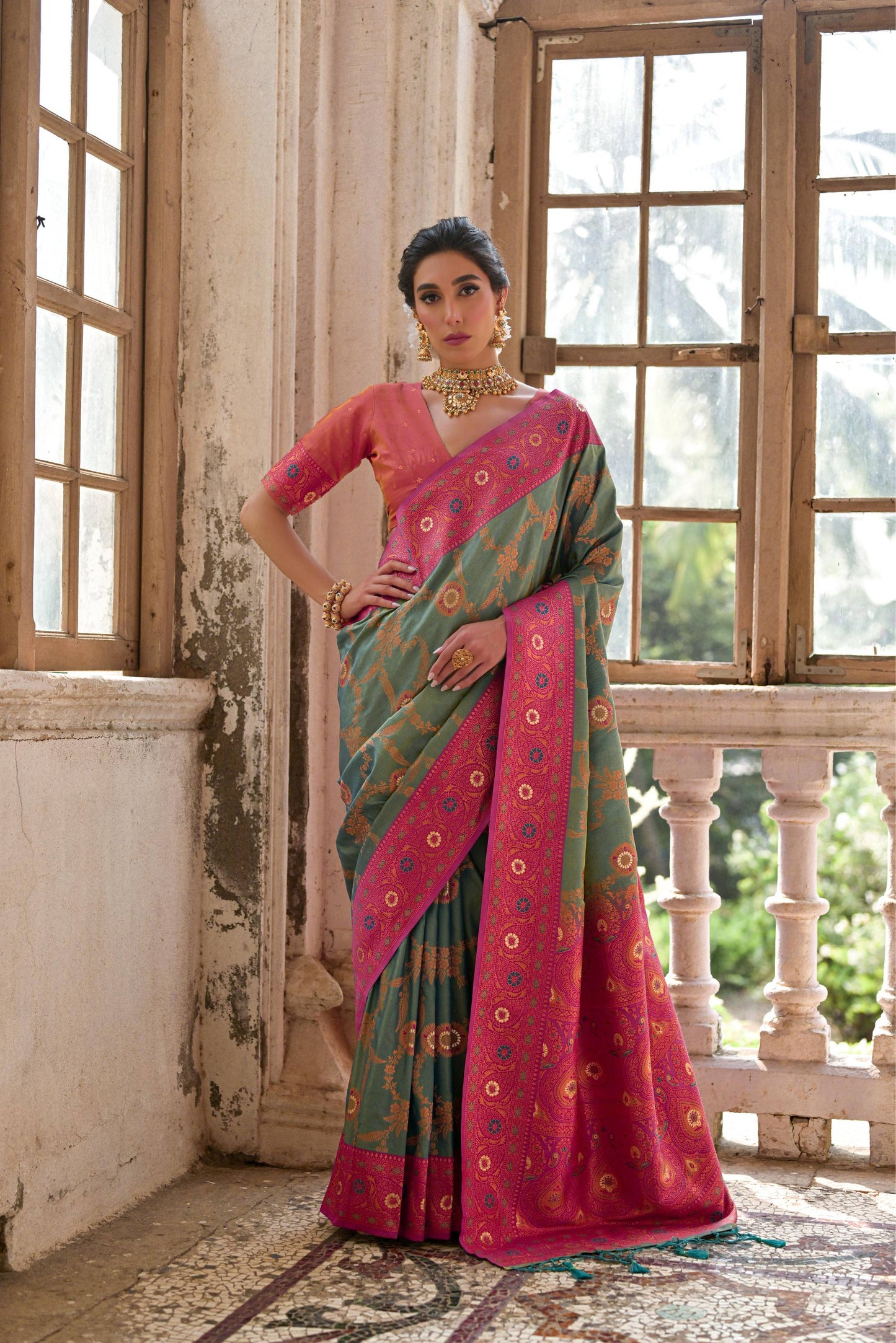 Jyoti Fashion Women's Rama Banarasi Silk Zari Woven Traditional Saree with Blouse | Swadesiicart