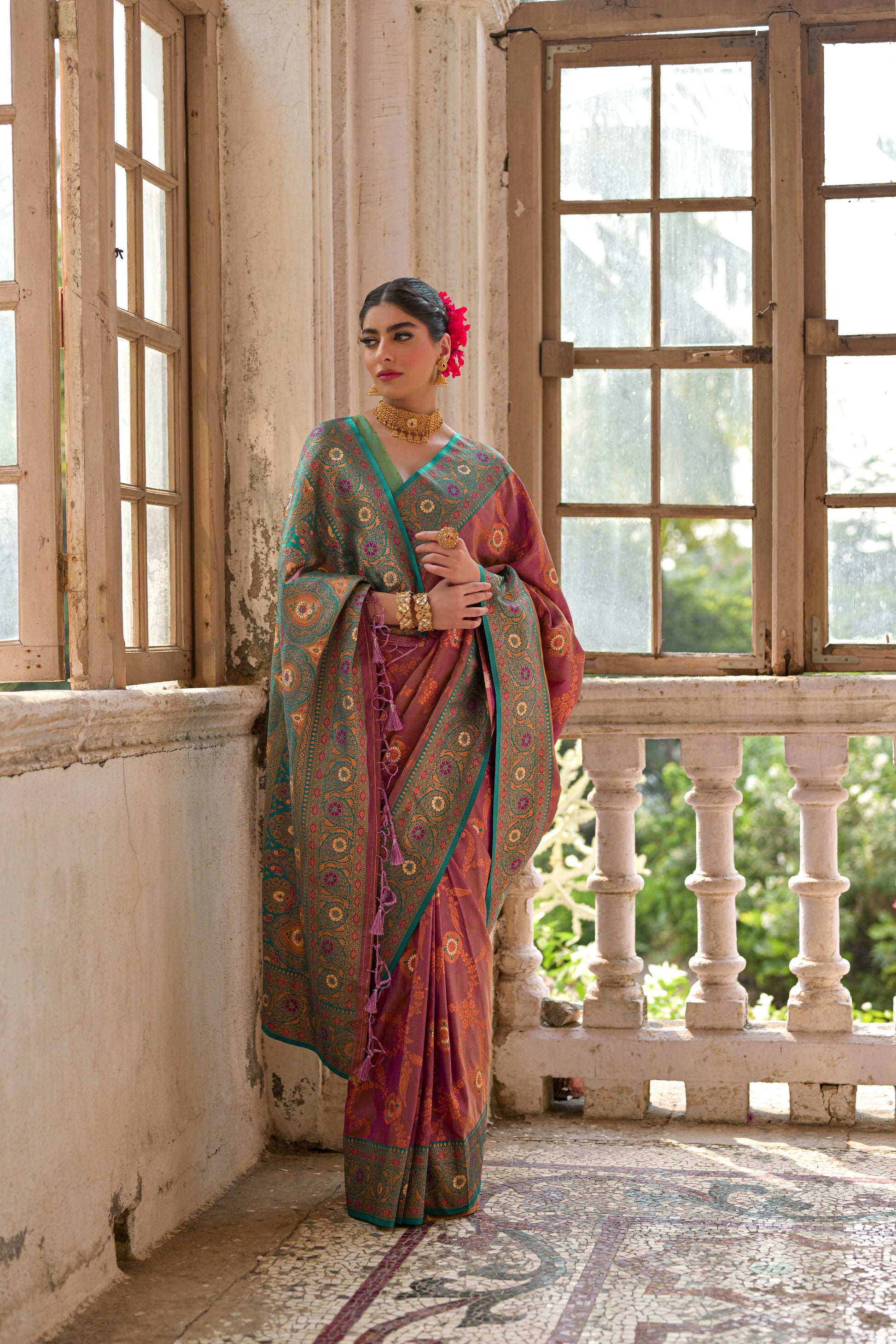 Jyoti Fashion Women's Wine Banarasi Silk Zari Woven Traditional Saree with Blouse | Swadesiicart