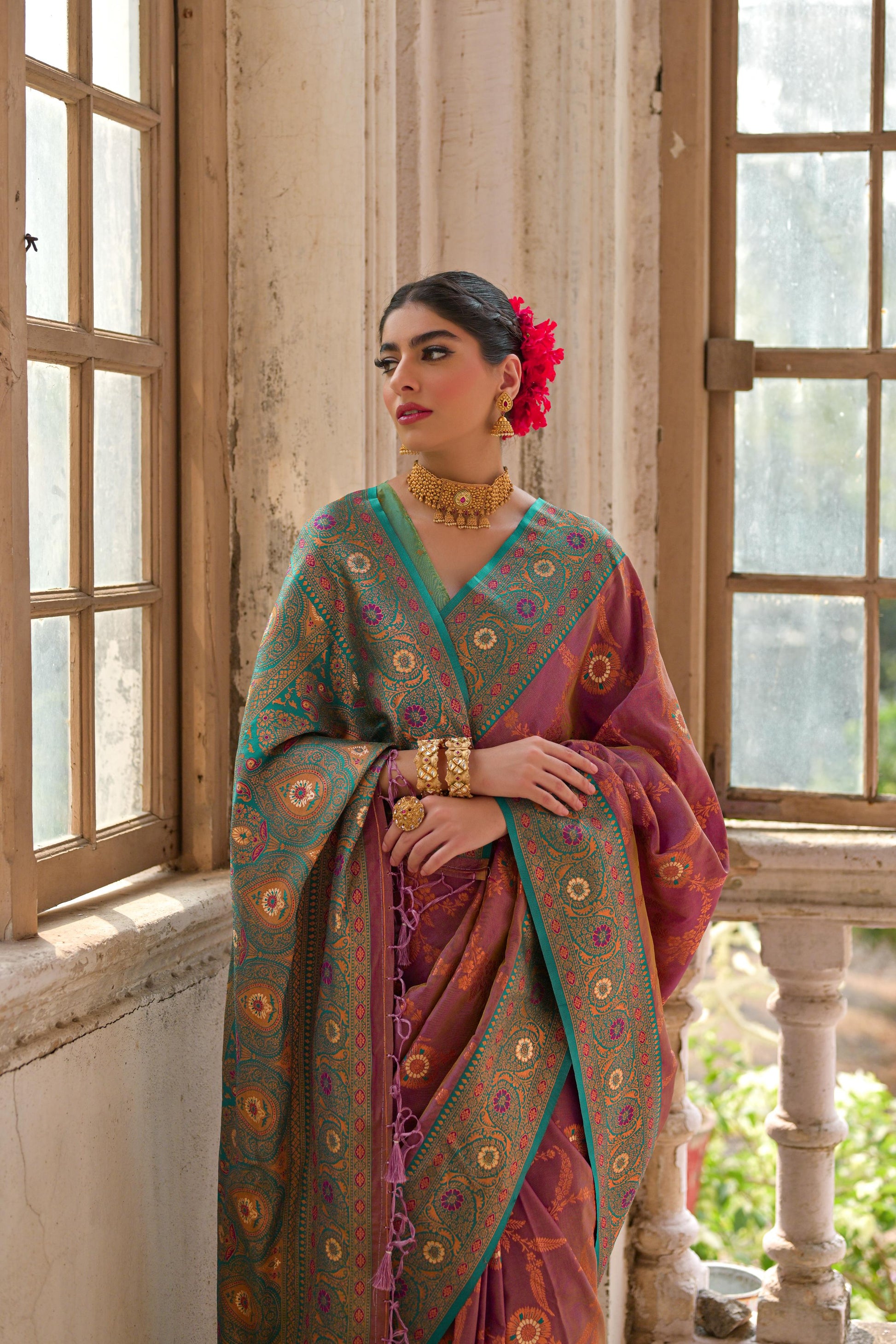 Jyoti Fashion Women's Wine Banarasi Silk Zari Woven Traditional Saree with Blouse | Swadesiicart