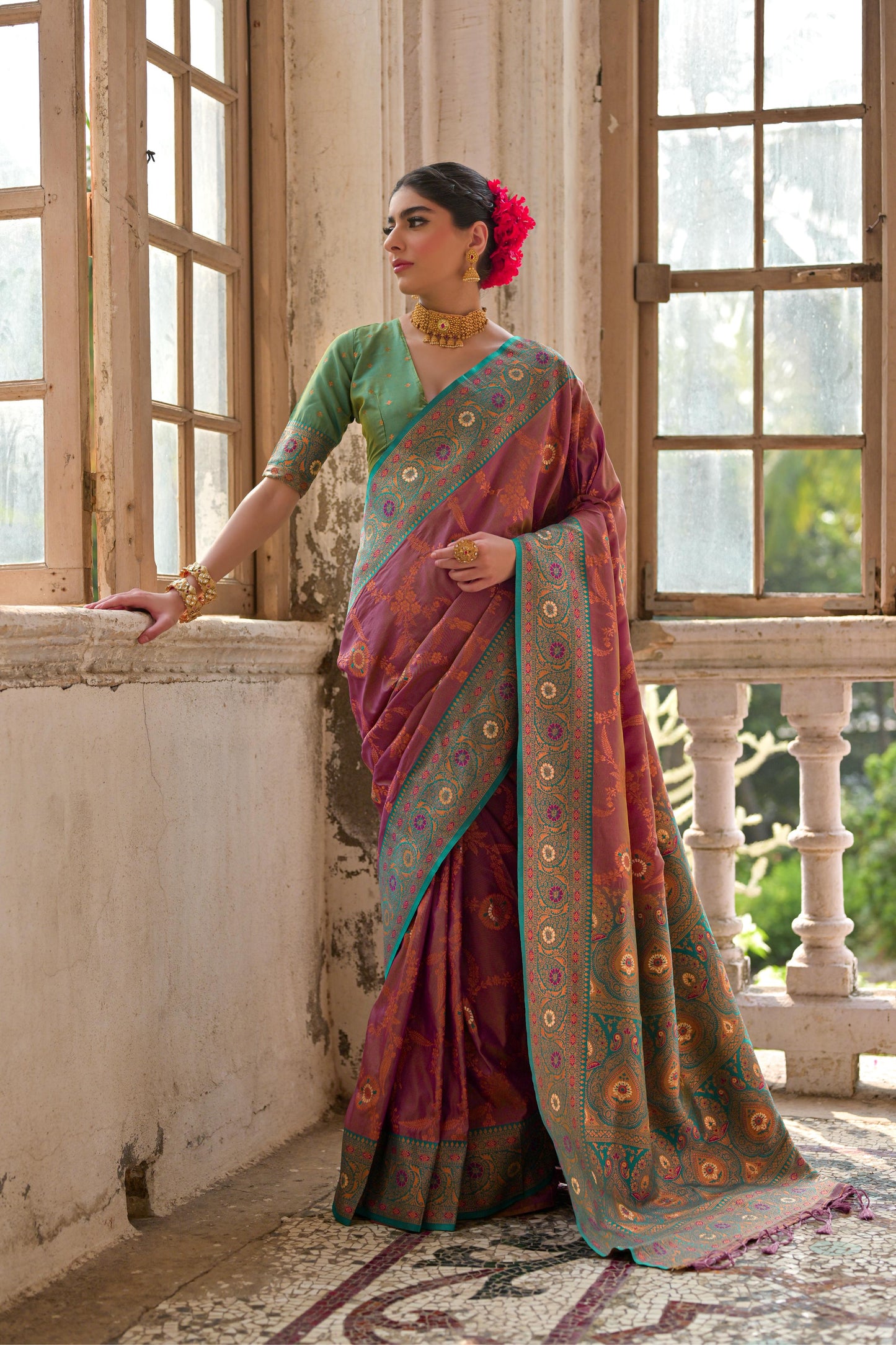 Jyoti Fashion Women's Wine Banarasi Silk Zari Woven Traditional Saree with Blouse | Swadesiicart
