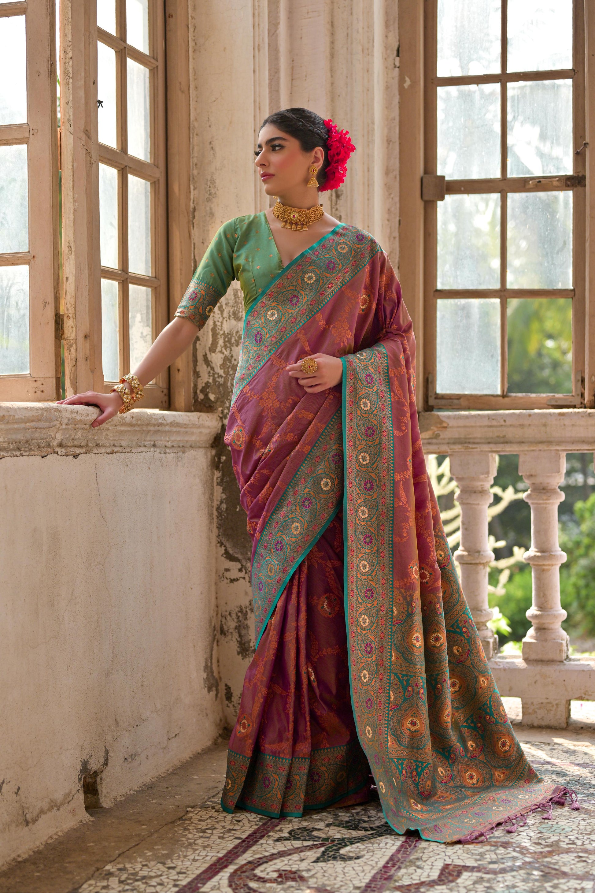 Jyoti Fashion Women's Wine Banarasi Silk Zari Woven Traditional Saree with Blouse | Swadesiicart