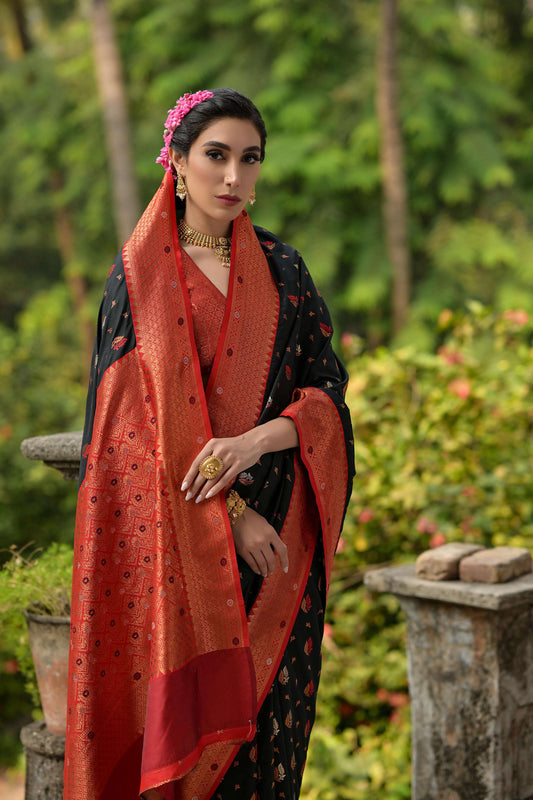 Jyoti Fashion Women's Black Banarasi Silk Zari Woven Traditional Saree with Blouse | Swadesiicart