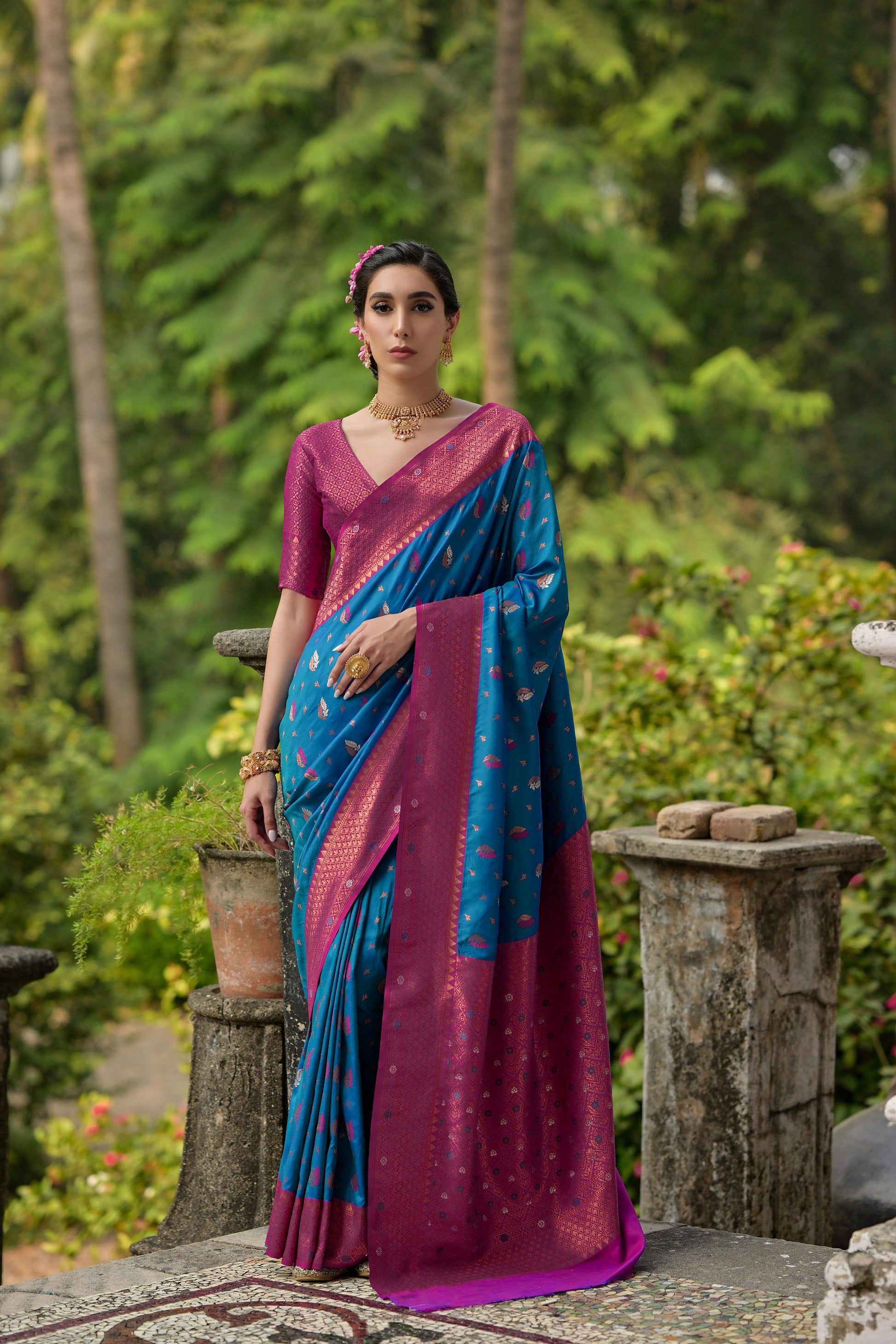 Jyoti Fashion Women's Blue Banarasi Silk Zari Woven Traditional Saree with Blouse | Swadesiicart