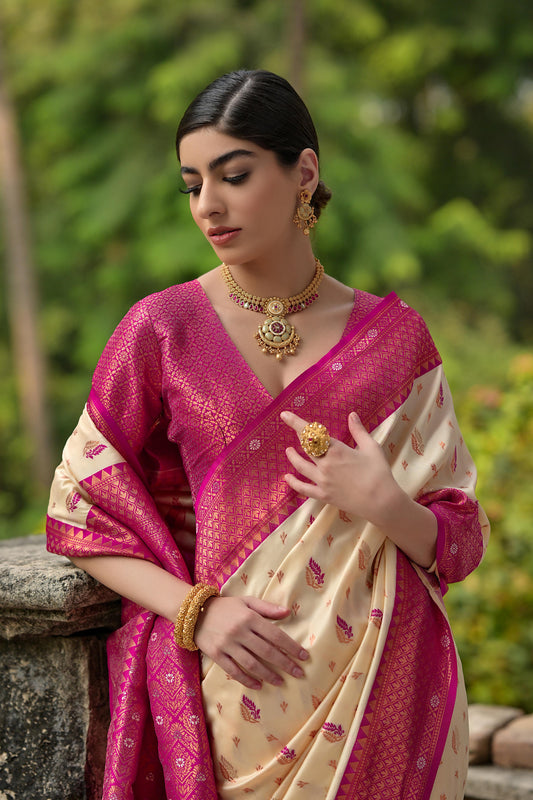 Jyoti Fashion Women's Cream Banarasi Silk Zari Woven Traditional Saree with Blouse | Swadesiicart