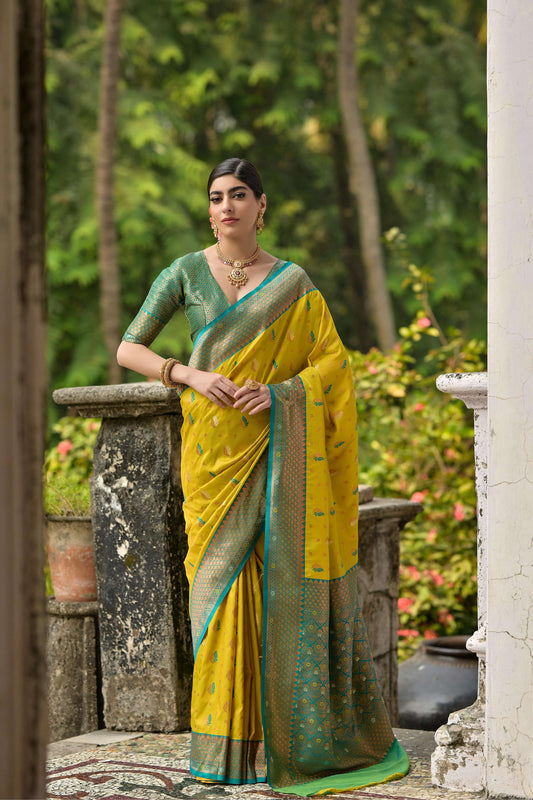 Jyoti Fashion Women's Lemon Yellow Banarasi Silk Zari Woven Traditional Saree with Blouse | Swadesiicart