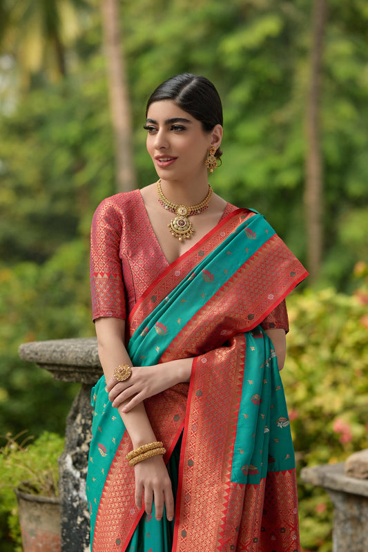Jyoti Fashion Women's Rama Banarasi Silk Zari Woven Traditional Saree with Blouse | Swadesiicart