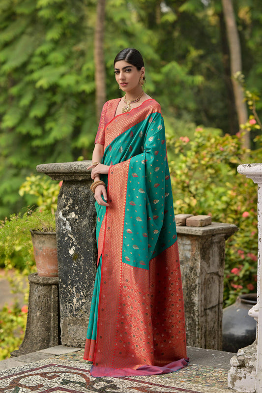 Jyoti Fashion Women's Rama Banarasi Silk Zari Woven Traditional Saree with Blouse | Swadesiicart