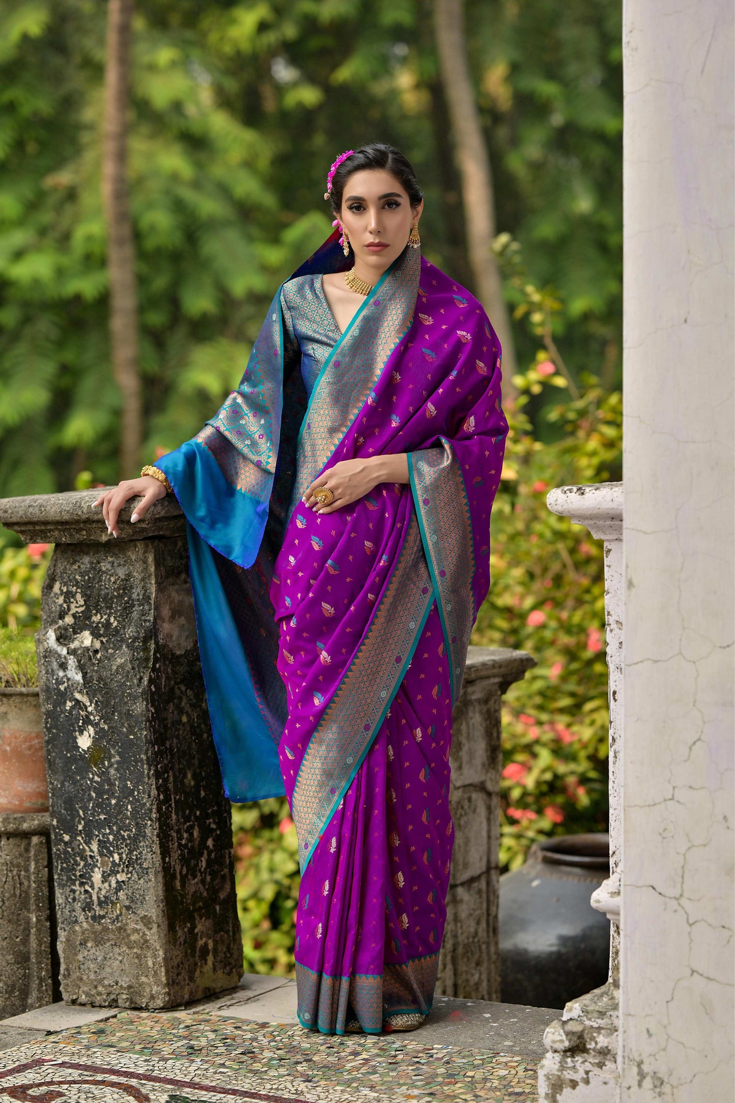Jyoti Fashion Women's Purple Banarasi Silk Zari Woven Traditional Saree with Blouse | Swadesiicart