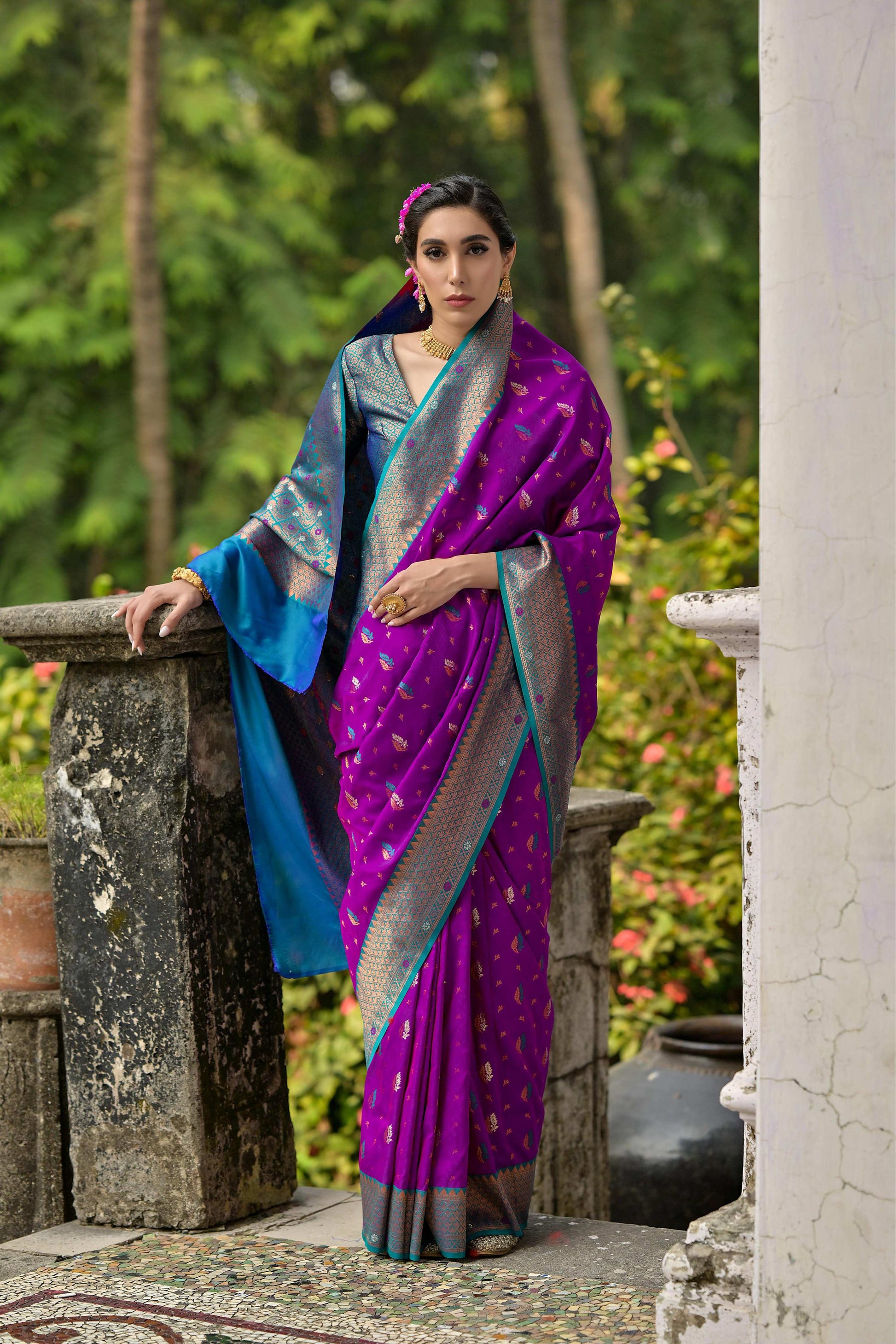 Jyoti Fashion Women's Purple Banarasi Silk Zari Woven Traditional Saree with Blouse | Swadesiicart