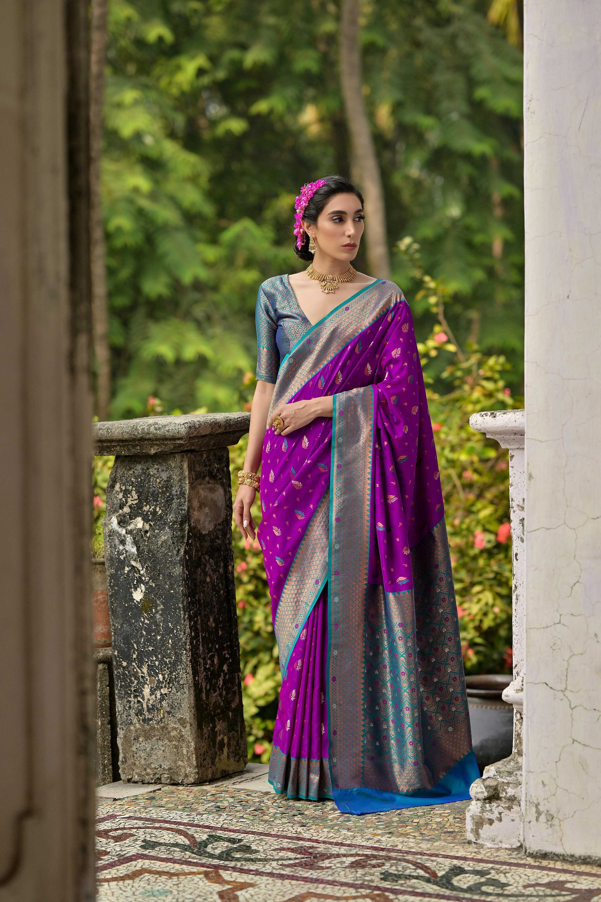 Jyoti Fashion Women's Purple Banarasi Silk Zari Woven Traditional Saree with Blouse | Swadesiicart
