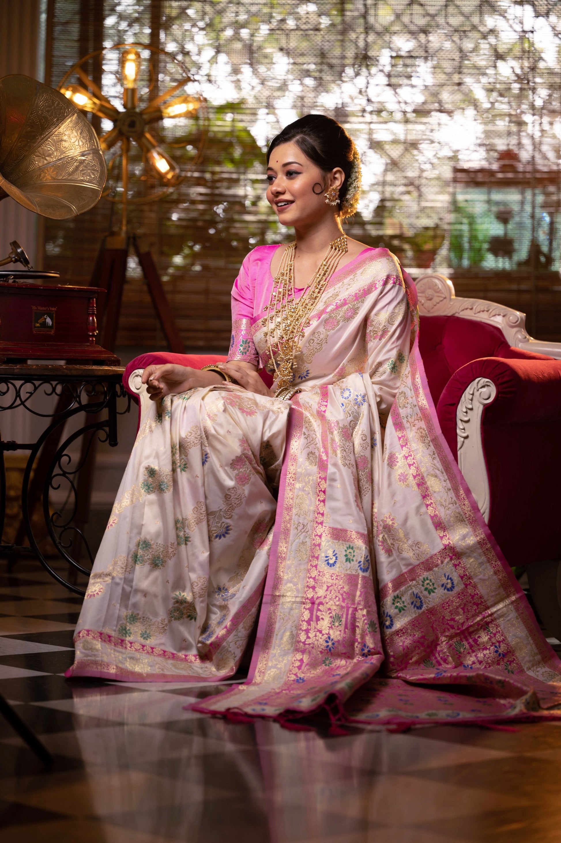 Jyoti Fashion Women's Off-White Soft Banarasi Silk Zari Woven Traditional Saree with Blouse | Swadesiicart