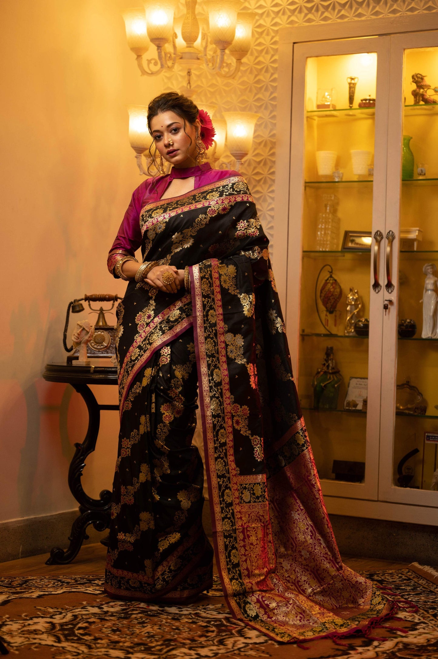 Jyoti Fashion Women's Black Soft Banarasi Silk Zari Woven Traditional Saree with Blouse | Swadesiicart