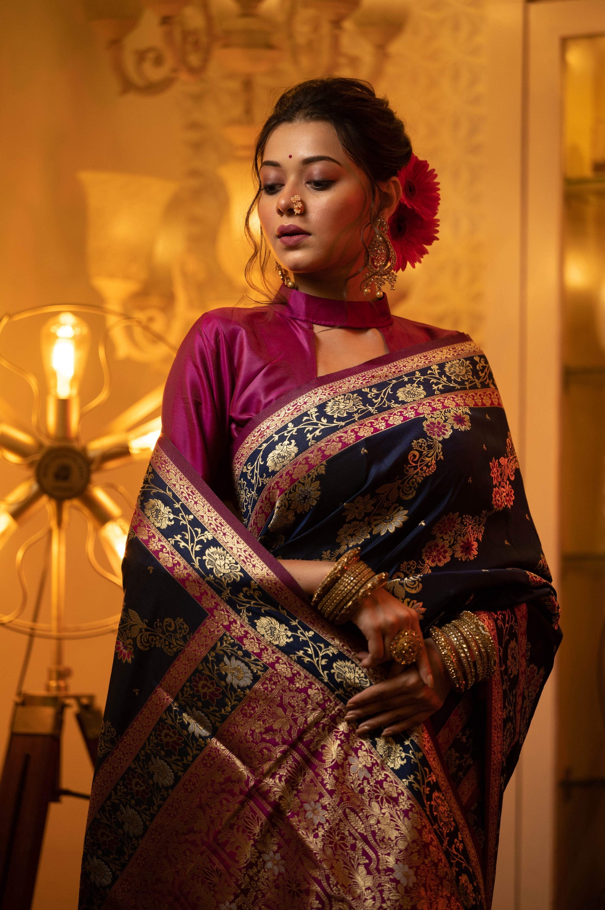Jyoti Fashion Women's Navy Blue Soft Banarasi Silk Zari Woven Traditional Saree with Blouse | Swadesiicart