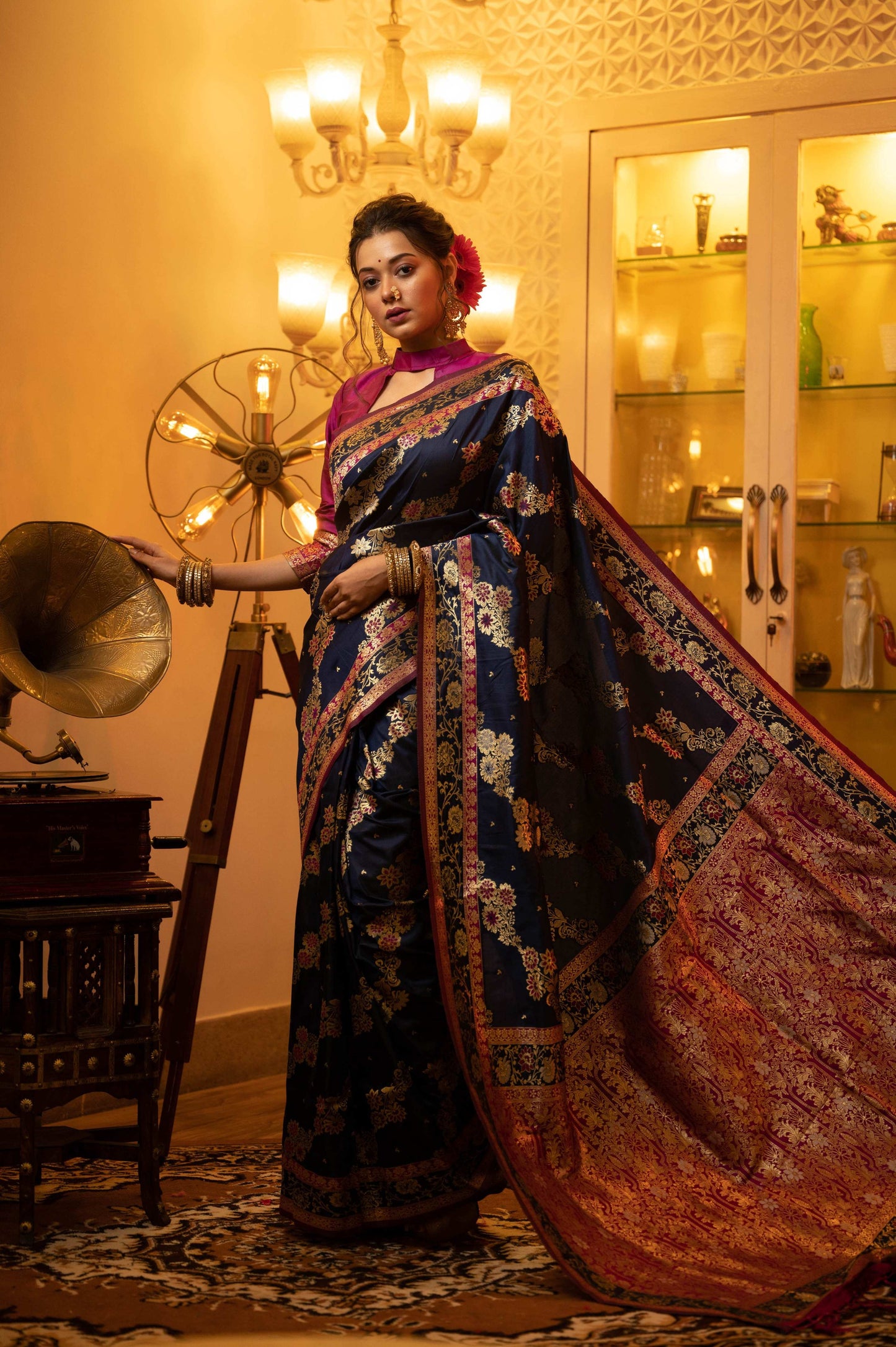 Jyoti Fashion Women's Navy Blue Soft Banarasi Silk Zari Woven Traditional Saree with Blouse | Swadesiicart