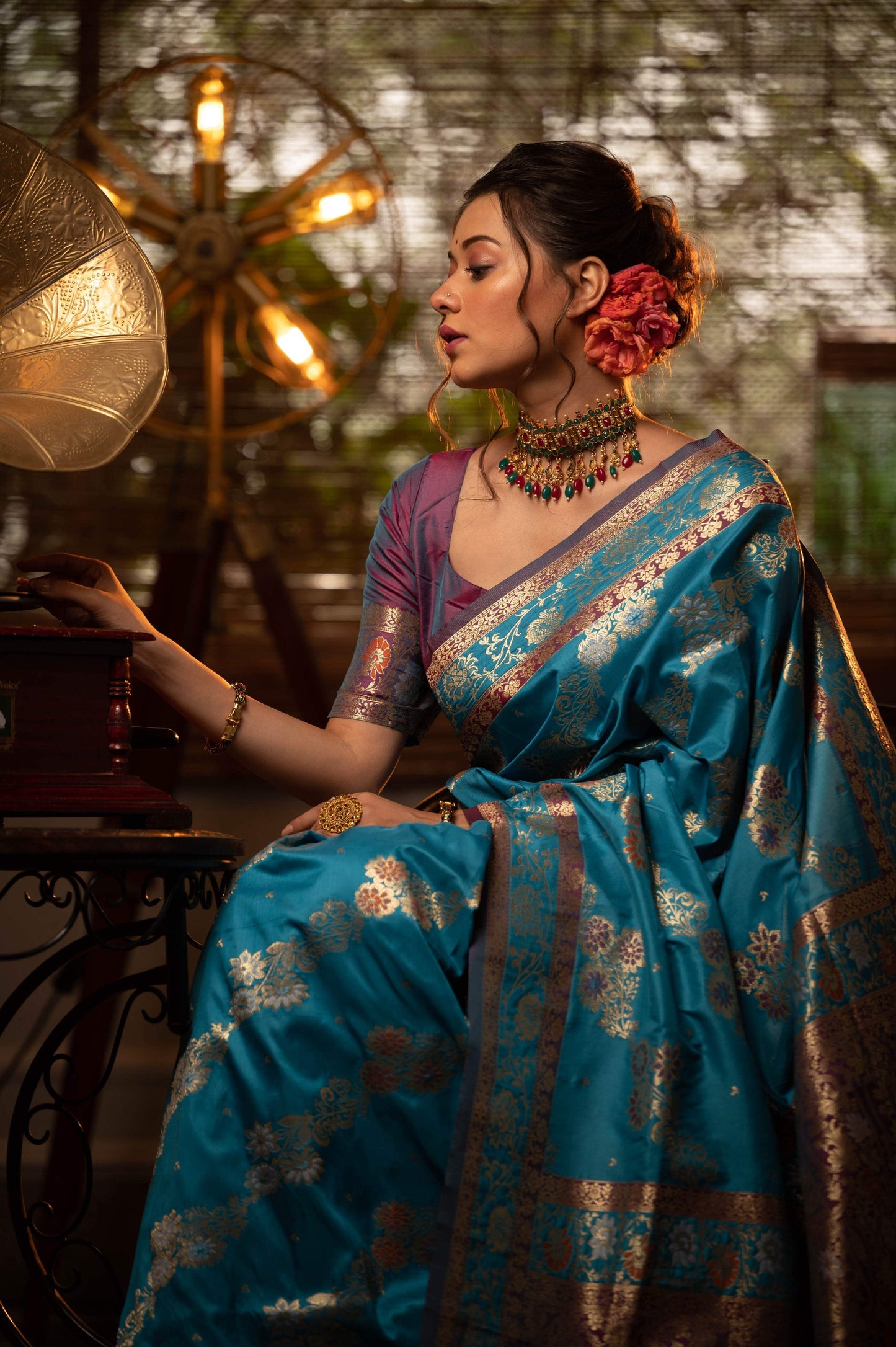 Jyoti Fashion Women's Firozi Soft Banarasi Silk Zari Woven Traditional Saree with Blouse | Swadesiicart