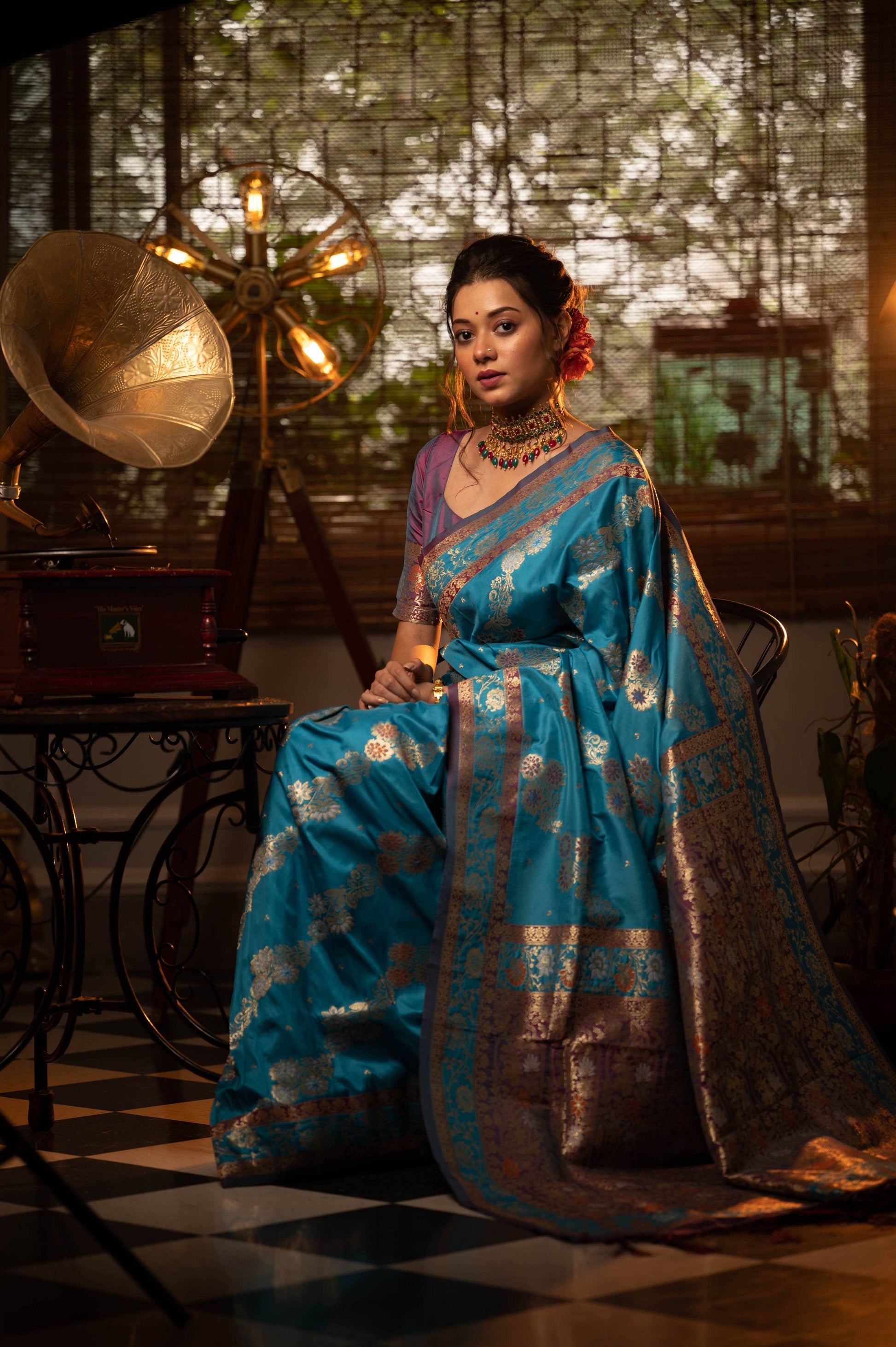 Jyoti Fashion Women's Firozi Soft Banarasi Silk Zari Woven Traditional Saree with Blouse | Swadesiicart