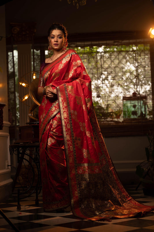 Jyoti Fashion Women's Red Soft Banarasi Silk Zari Woven Traditional Saree with Blouse | Swadesiicart